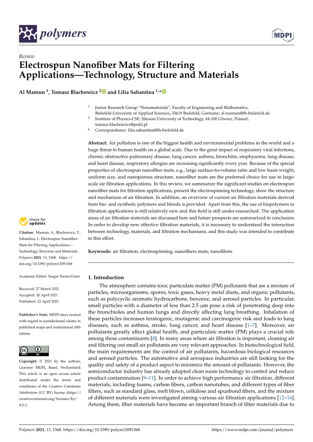Electrospun Nanofiber Mats for Filtering Applications—Technology