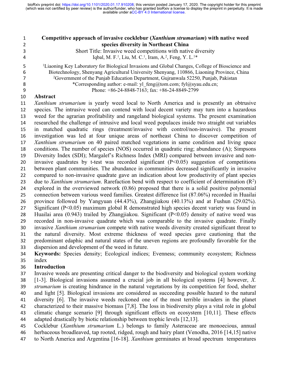 Xanthium Strumarium) with Native Weed 2 Species Diversity in Northeast China 3 Short Title: Invasive Weed Competitions with Native Diversity 4 Iqbal, M