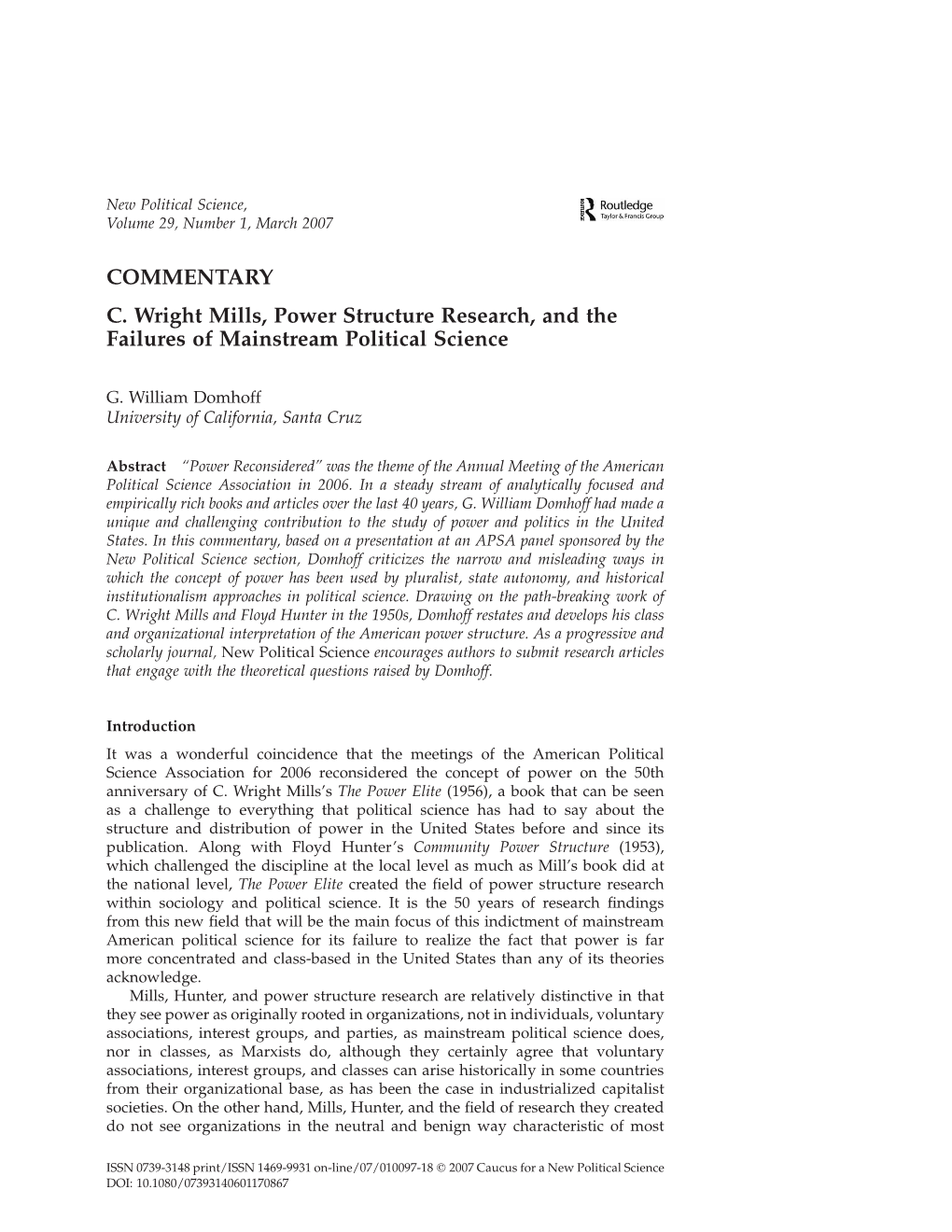 COMMENTARY C. Wright Mills, Power Structure Research, and the Failures of Mainstream Political Science