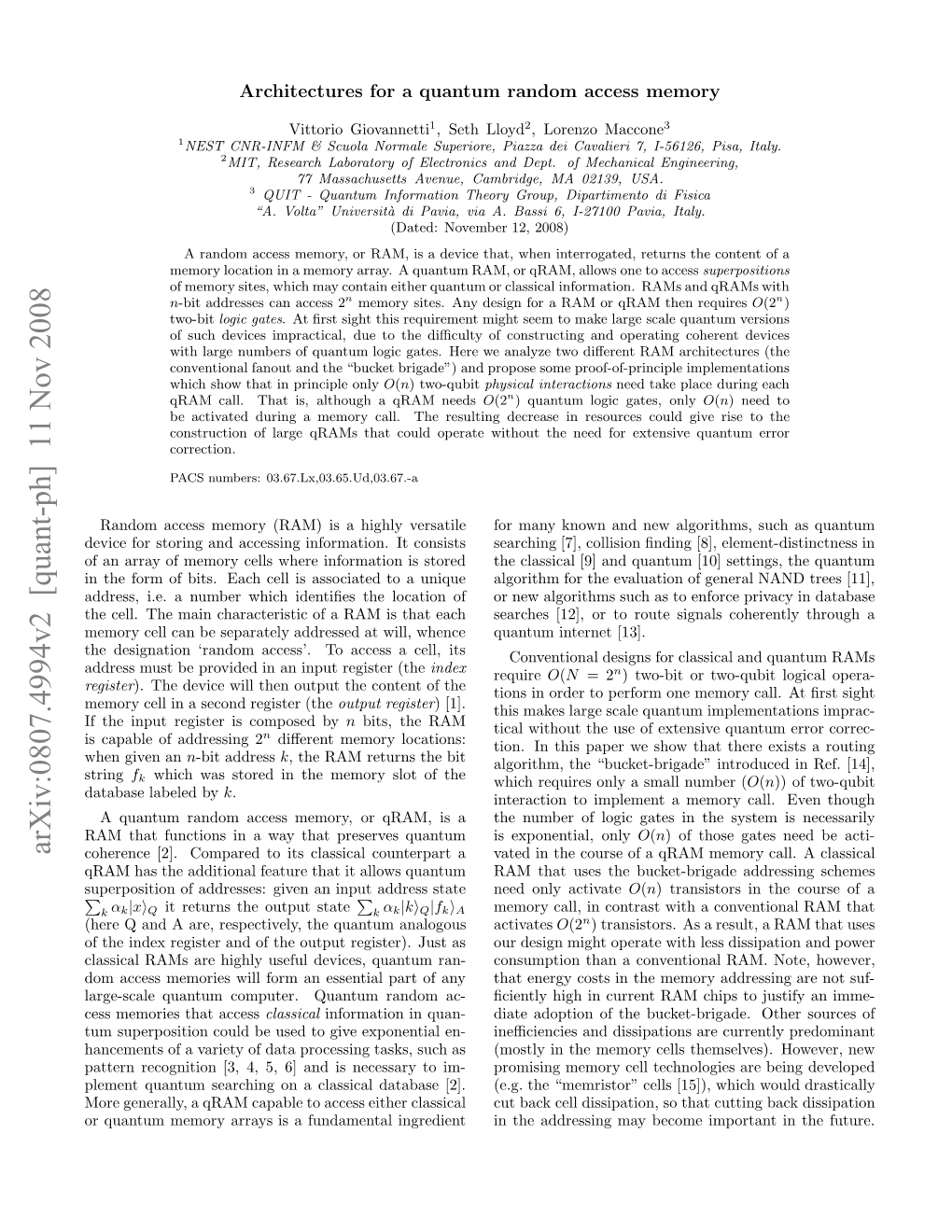 Arxiv:0807.4994V2 [Quant-Ph] 11 Nov 2008 Ag-Cl Unu Optr Unu Admac- Random Any Access Quantum of That Part Memories Essential Cess Computer