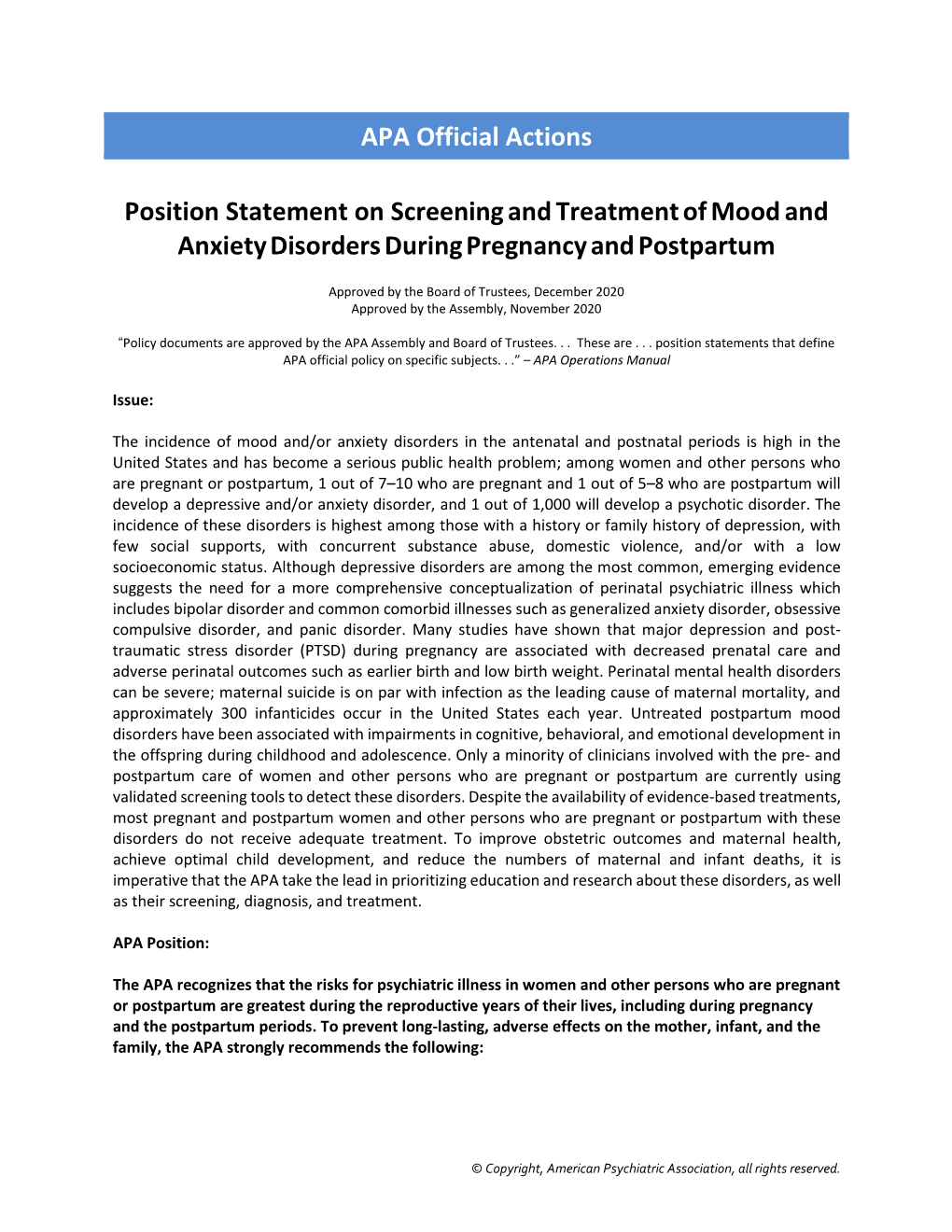 APA Official Actions Position Statement on Screening and Treatment of Mood and Anxiety Disorders During Pregnancy and Postpartum