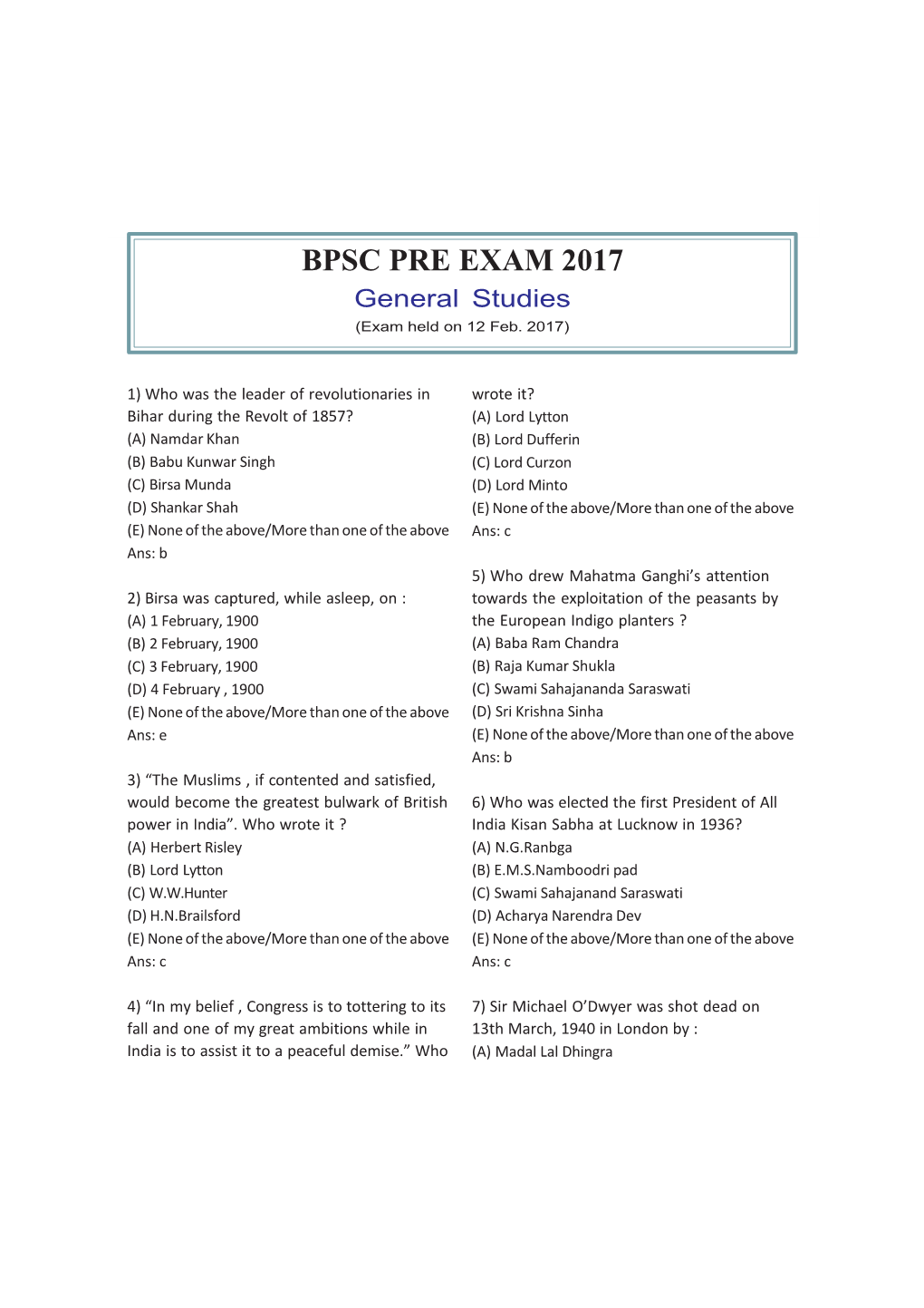 BPSC PRE EXAM 2017 General Studies (Exam Held on 12 Feb