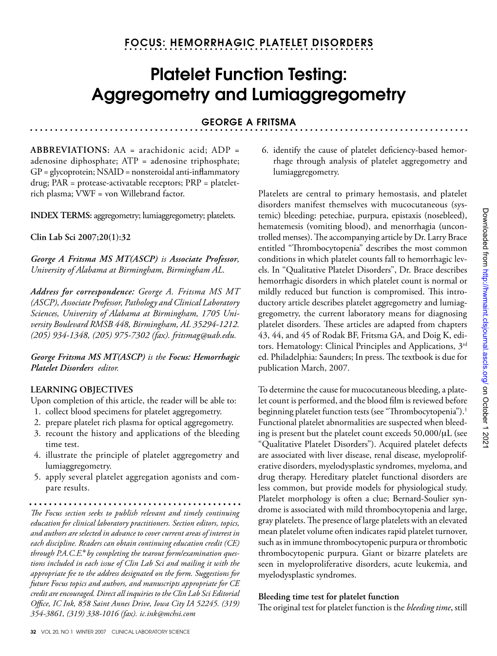 Platelet Function Testing: Aggregometry and Lumiaggregometry