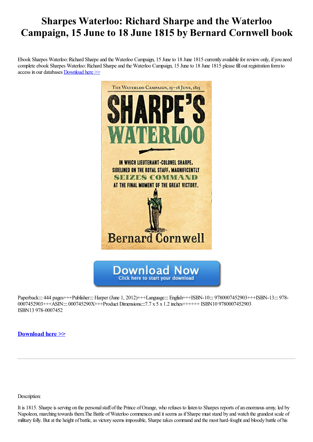 Sharpes Waterloo: Richard Sharpe and the Waterloo Campaign, 15 June to 18 June 1815 by Bernard Cornwell Book