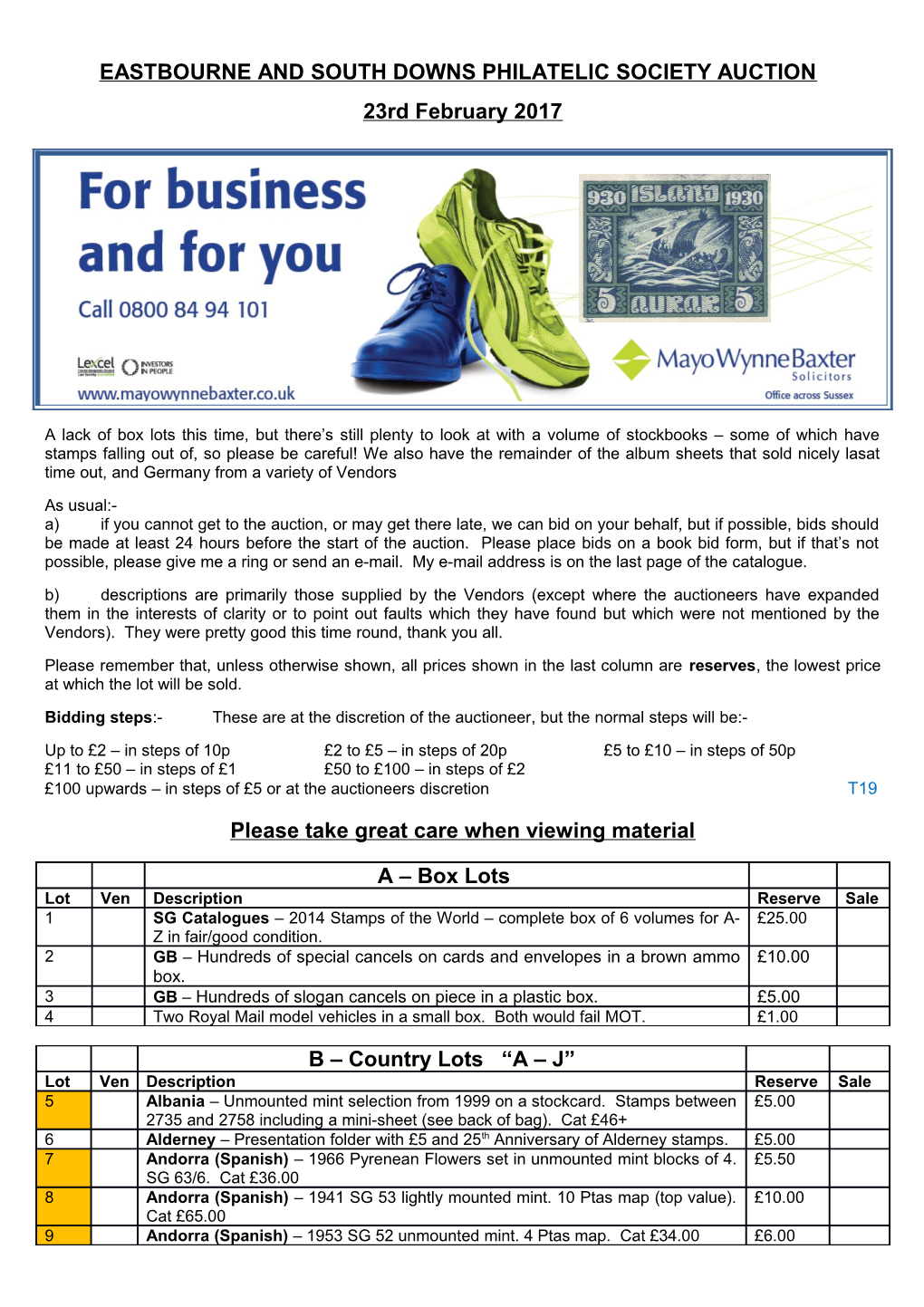 Eastbourne and South Downs Philatelic Society Auction