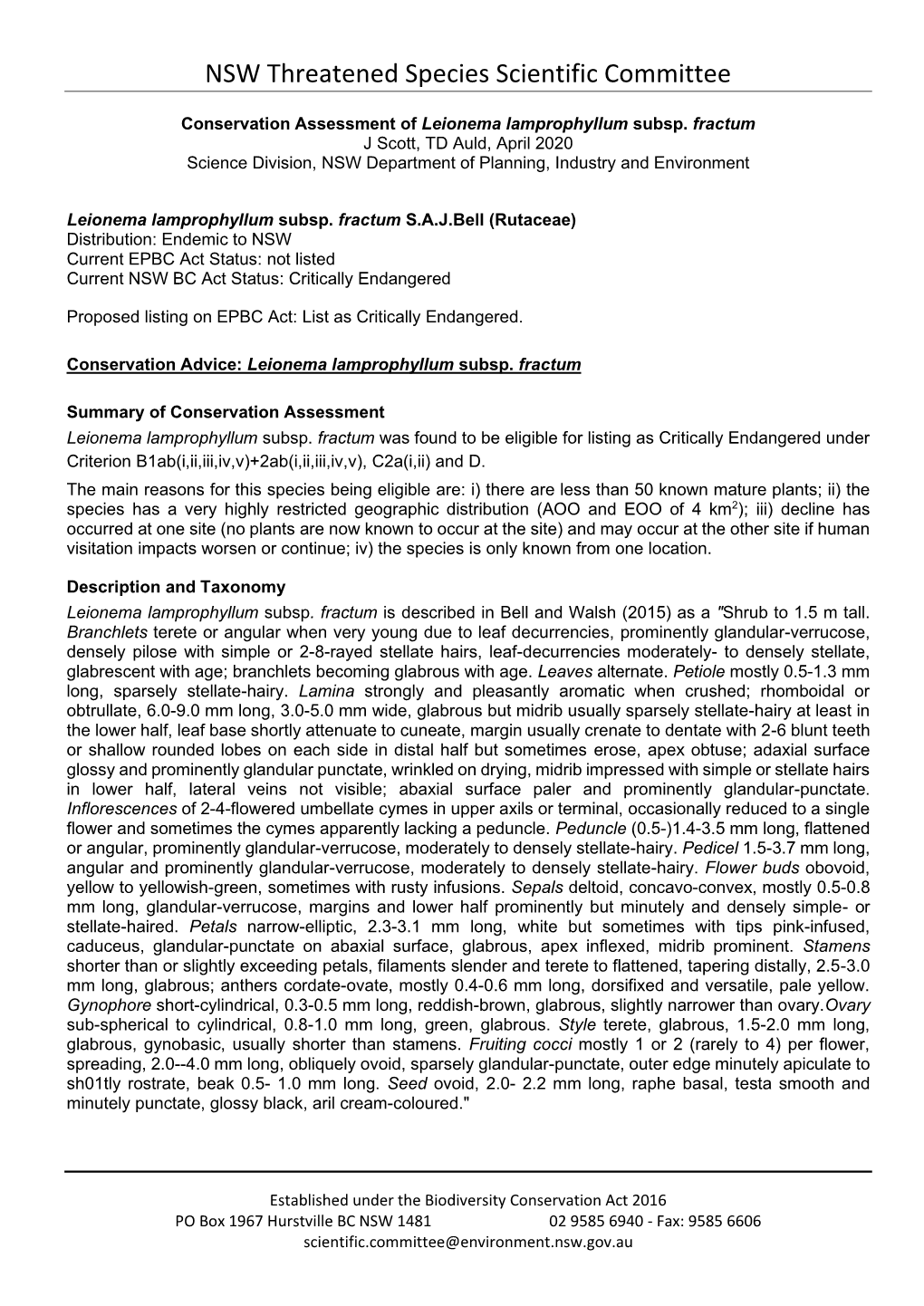 Leionema Lamprophyllum Subsp. Fractum J Scott, TD Auld, April 2020 Science Division, NSW Department of Planning, Industry and Environment