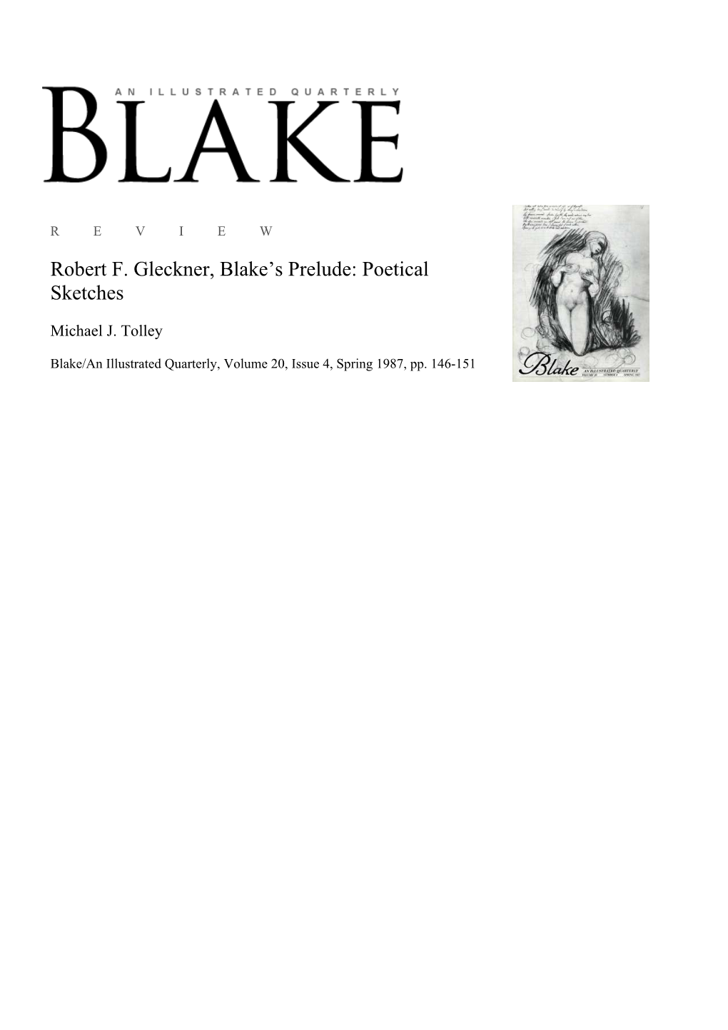 Robert F. Gleckner, Blake's Prelude: Poetical Sketches