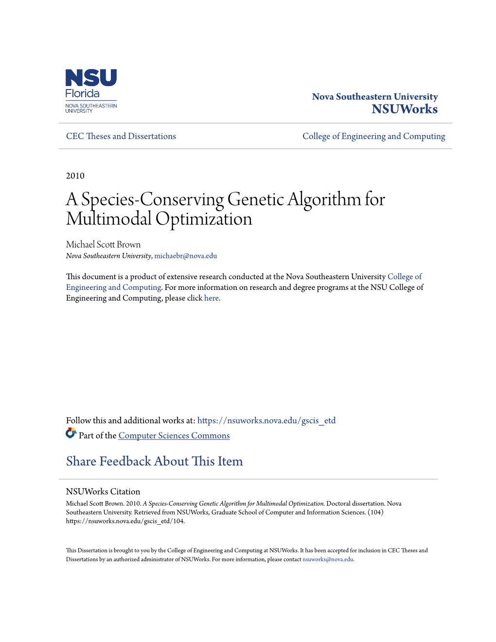 A Species-Conserving Genetic Algorithm for Multimodal Optimization Michael Scott Rb Own Nova Southeastern University, Michaebr@Nova.Edu