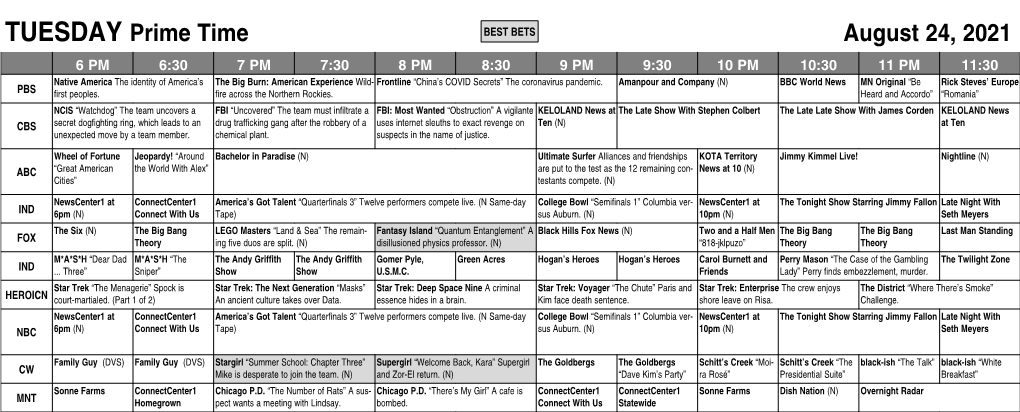TUESDAY Prime Time August 24, 2021