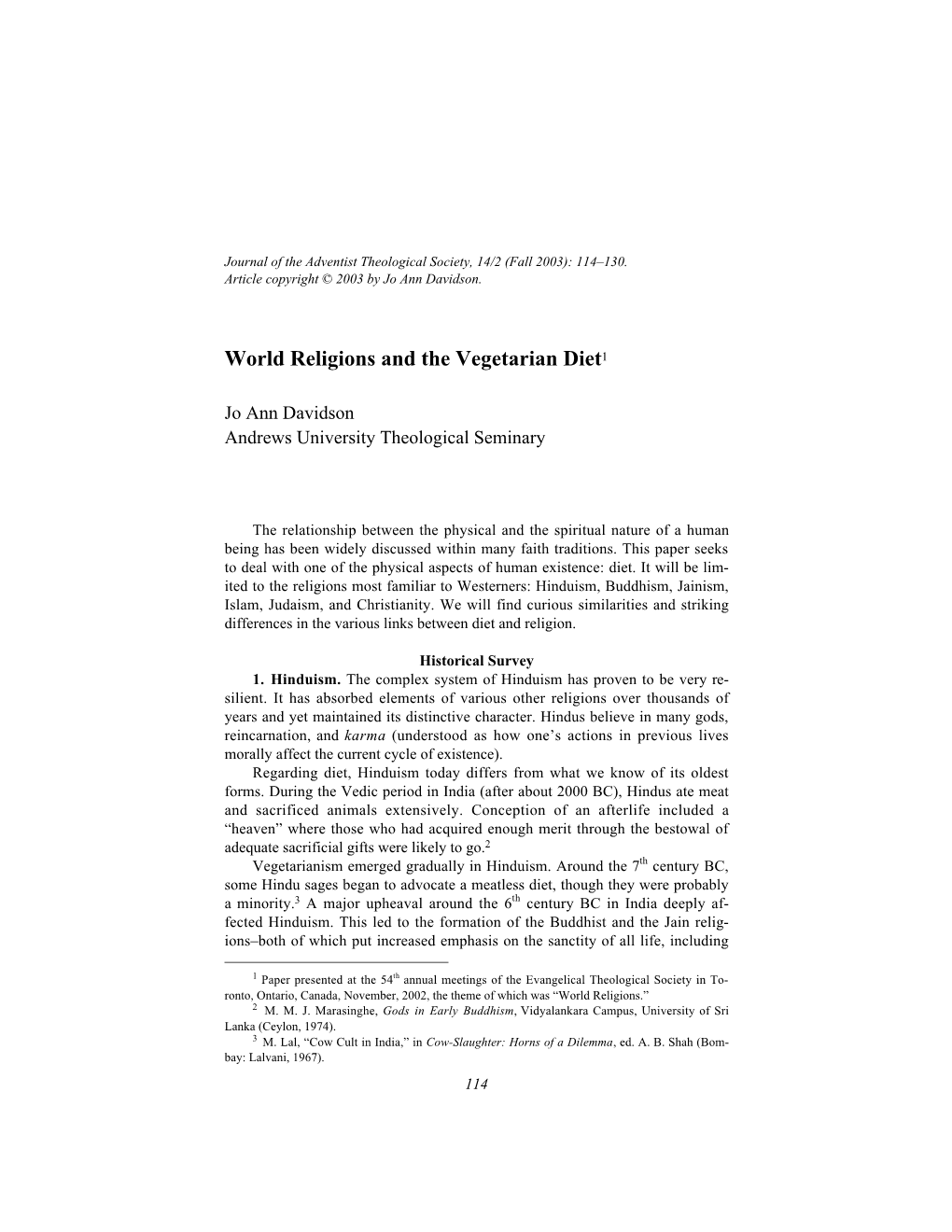 World Religions and the Vegetarian Diet1