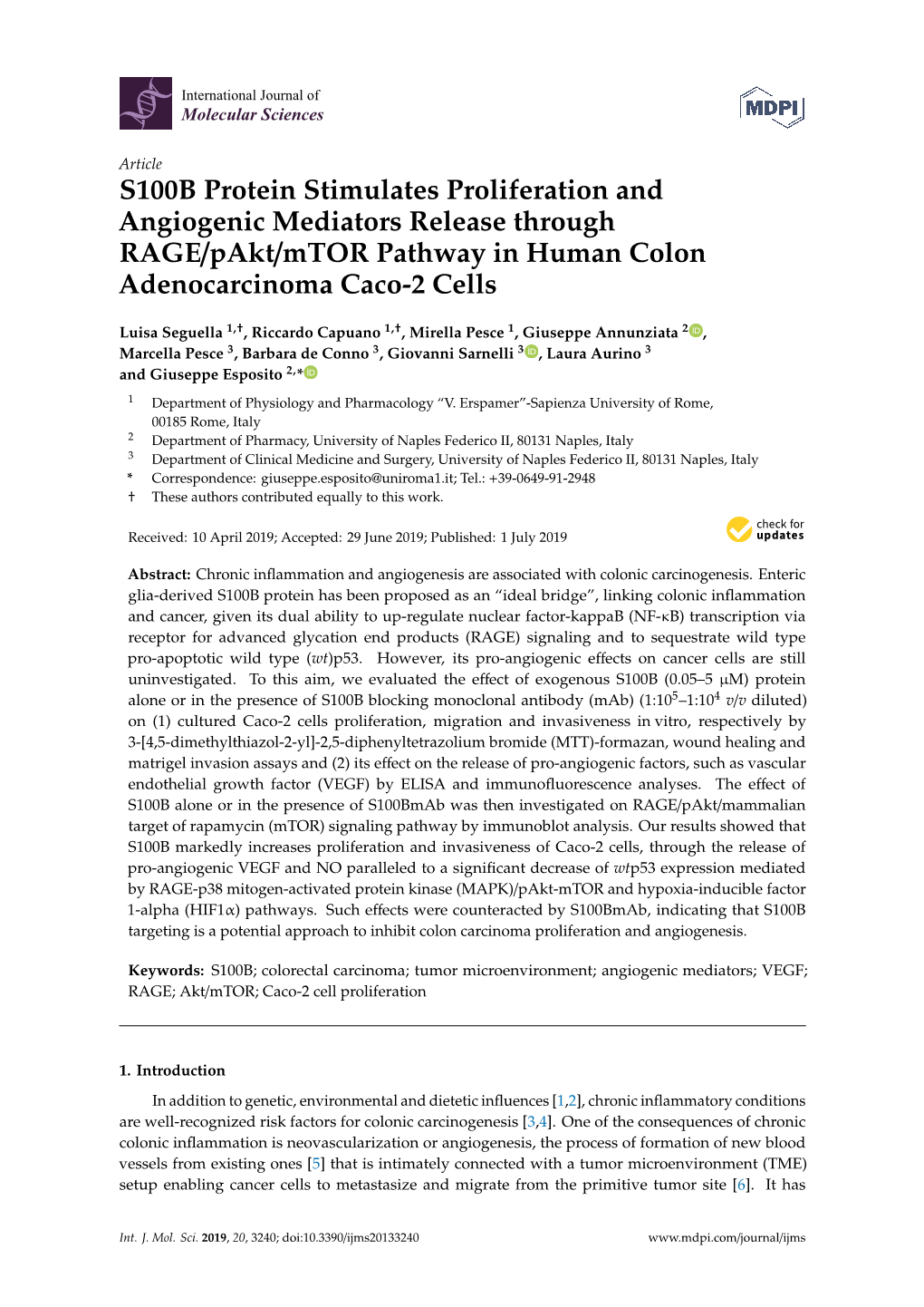 S100B Protein Stimulates Proliferation and Angiogenic Mediators Release Through RAGE/Pakt/Mtor Pathway in Human Colon Adenocarcinoma Caco-2 Cells