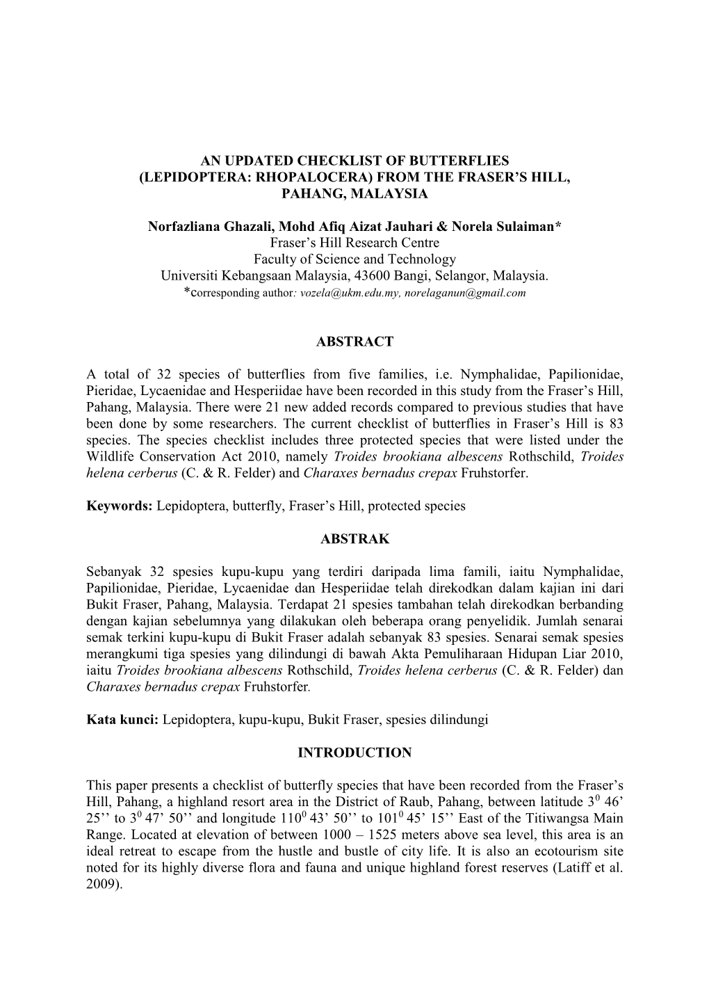 An Updated Checklist of Butterflies (Lepidoptera: Rhopalocera) from the Fraser’S Hill, Pahang, Malaysia