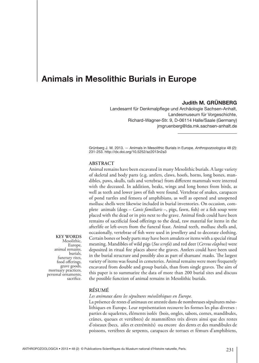 Animals in Mesolithic Burials in Europe