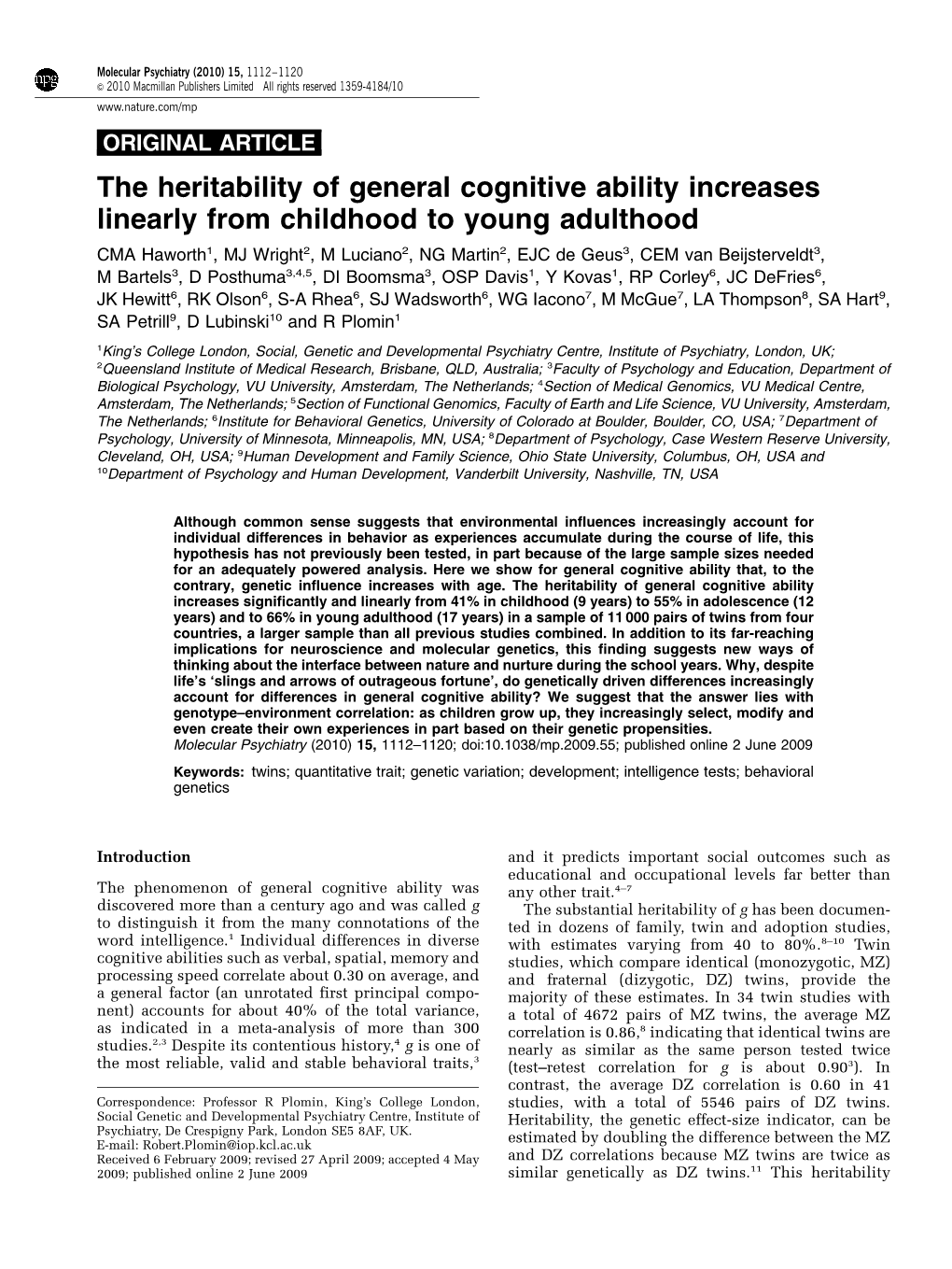 The Heritability of General Cognitive Ability Increases Linearly From