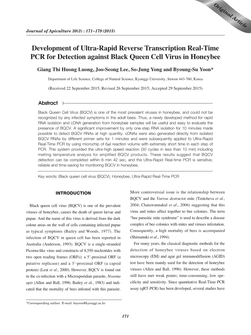 Development of Ultra-Rapid Reverse Transcription Real-Time PCR for Detection Against Black Queen Cell Virus in Honeybee