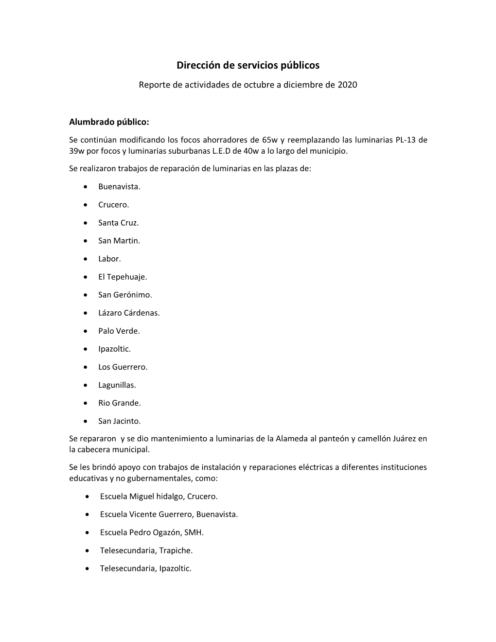 Dirección De Servicios Públicos Reporte De Actividades De Octubre a Diciembre De 2020