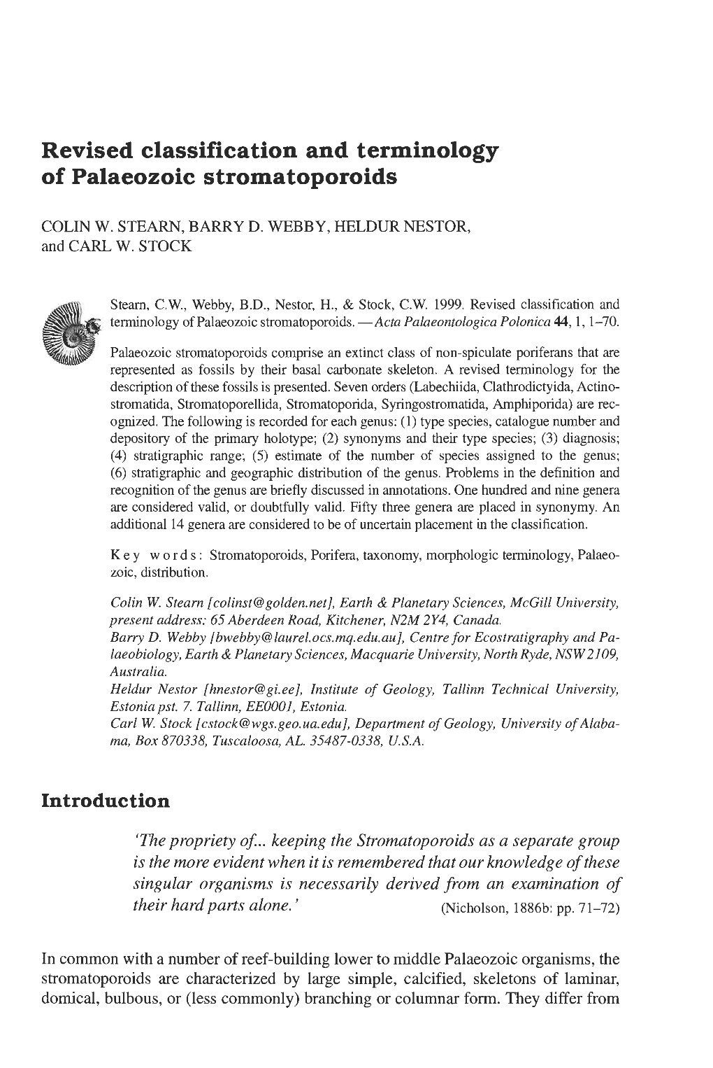 Revised Classification and Terminology of Palaeozoic S Tromatoporoids