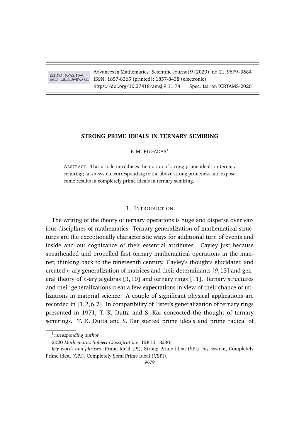 STRONG PRIME IDEALS in TERNARY SEMIRING the Writing