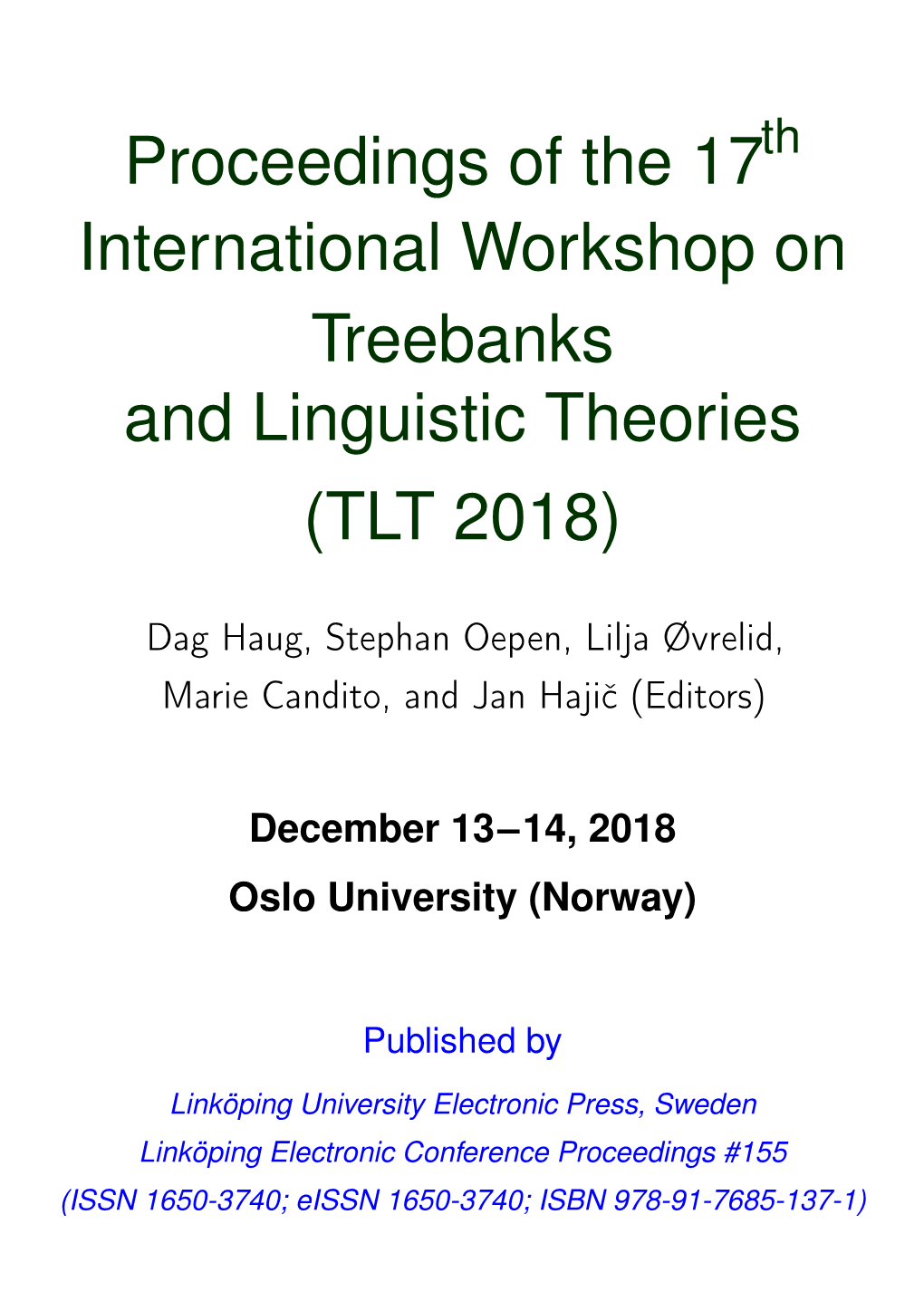 International Workshop on Treebanks and Linguistic Theories (TLT 2018)