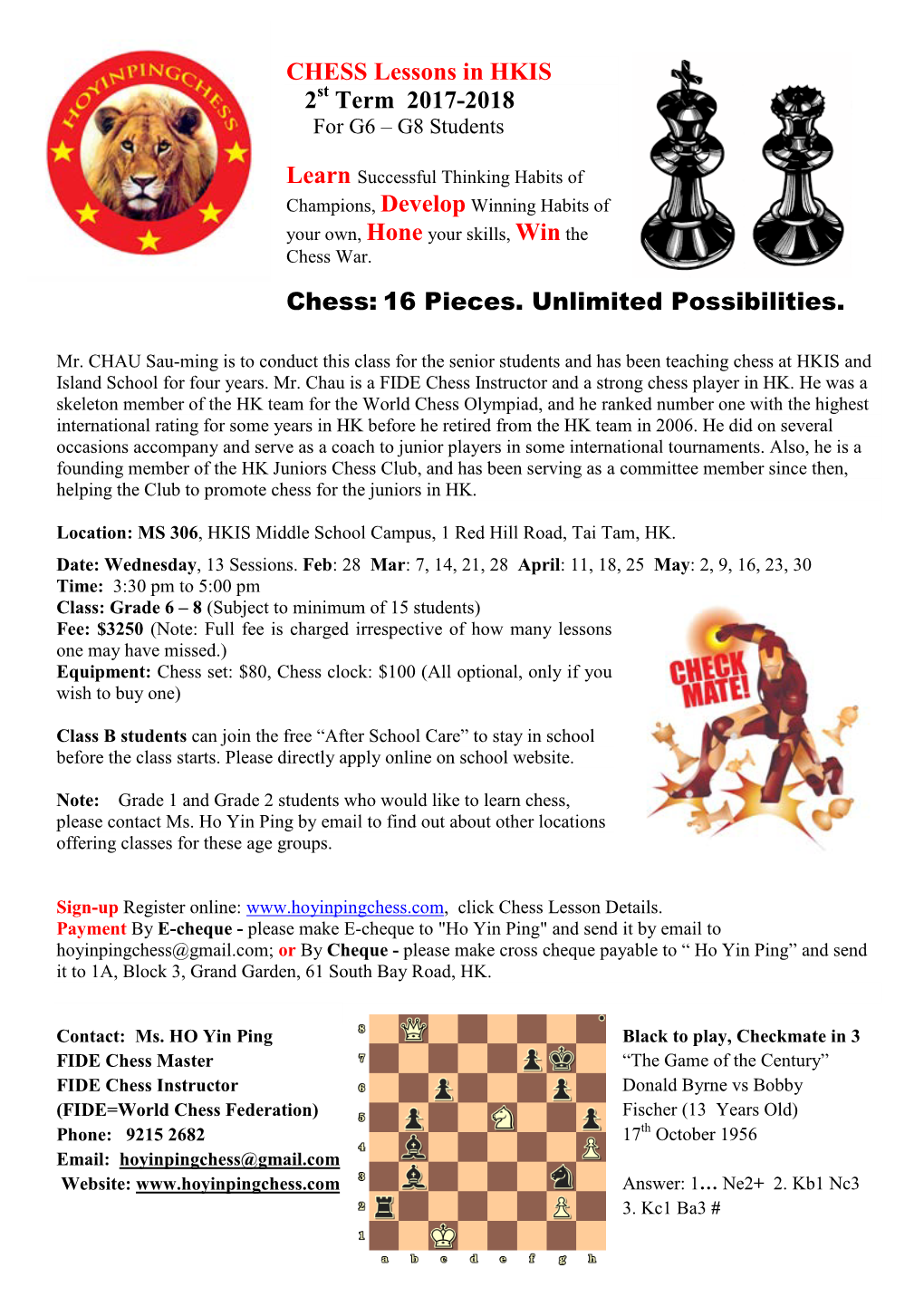 CHESS Lessons in HKIS 2 Term 2017-2018 Chess