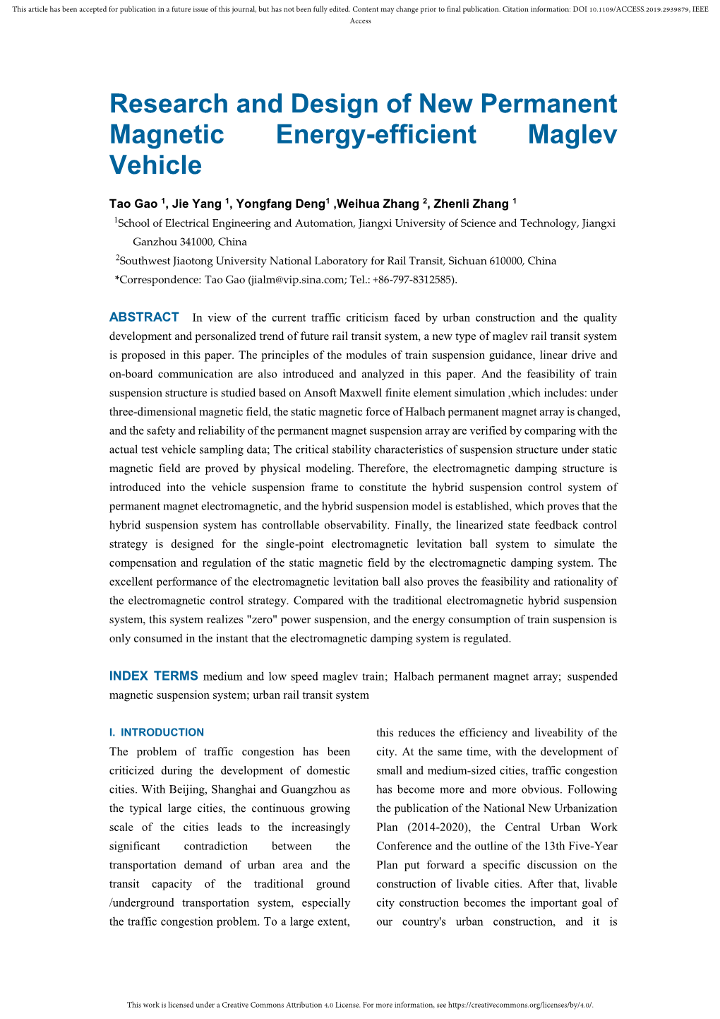 Research and Design of New Permanent Magnetic Energy-Efficient Maglev Vehicle