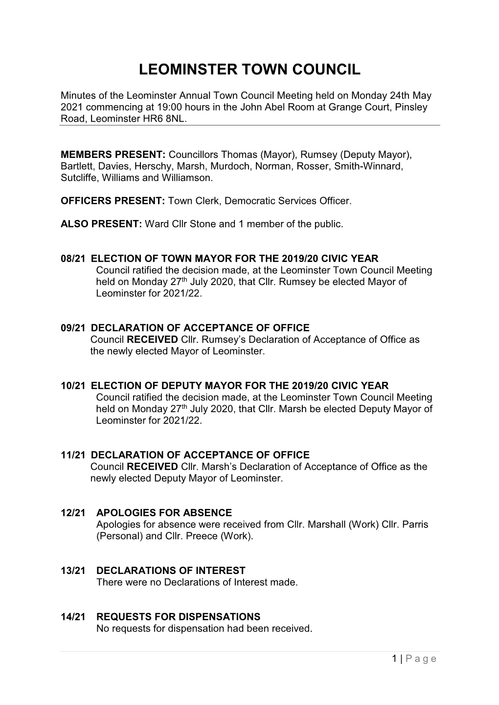 Annual Town Council Meeting Minutes 24Th May 2021