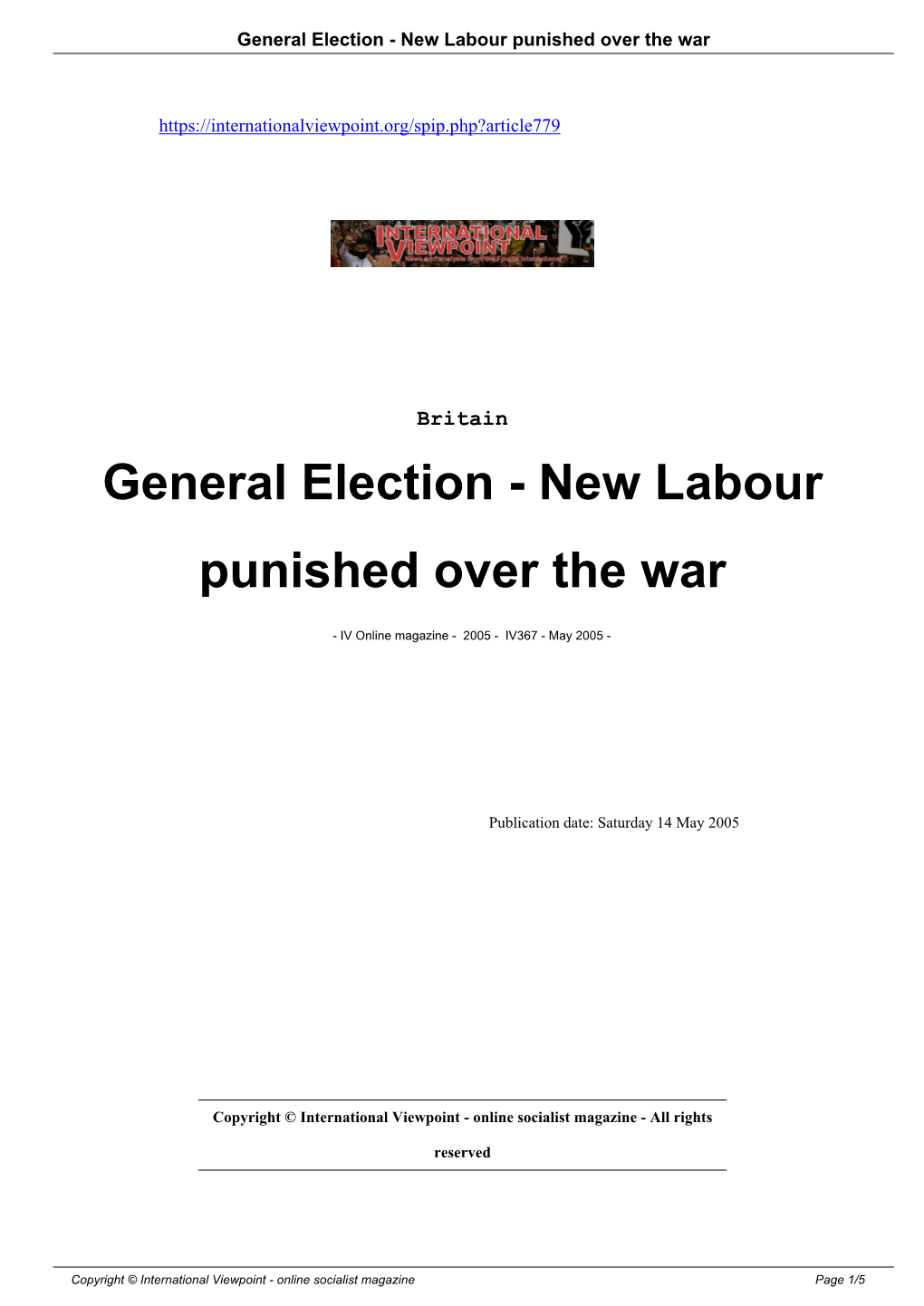 General Election - New Labour Punished Over the War