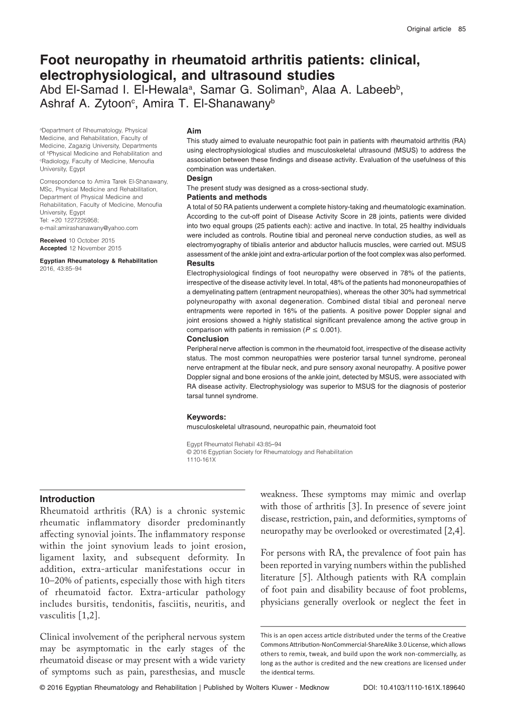 Foot Neuropathy in Rheumatoid Arthritis Patients: Clinical, Electrophysiological, and Ultrasound Studies Abd El-Samad I