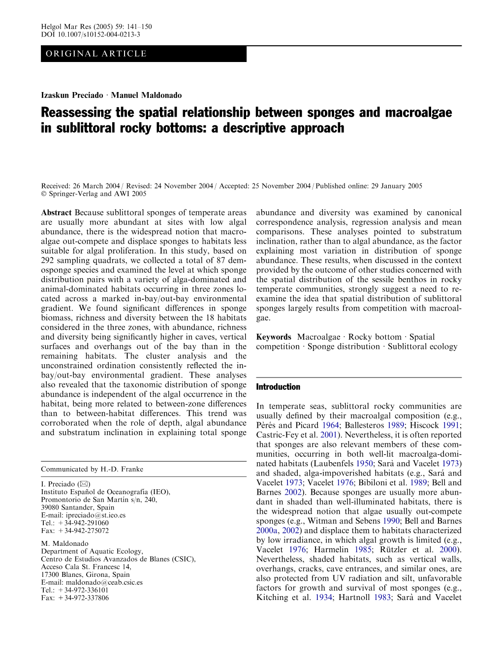 Reassessing the Spatial Relationship Between Sponges and Macroalgae in Sublittoral Rocky Bottoms: a Descriptive Approach