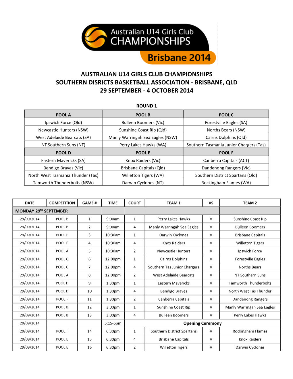 Australian U14 Girls Club Championships Southern Disricts Basketball Association - Brisbane, Qld 29 September - 4 October 2014