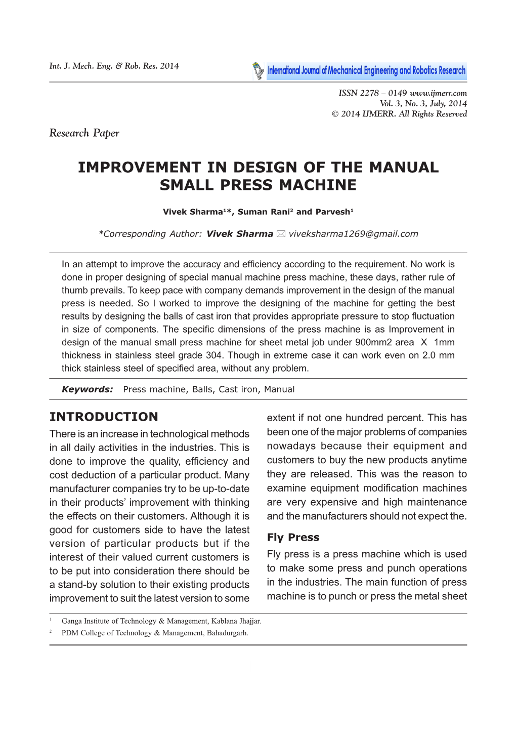 Improvement in Design of the Manual Small Press Machine