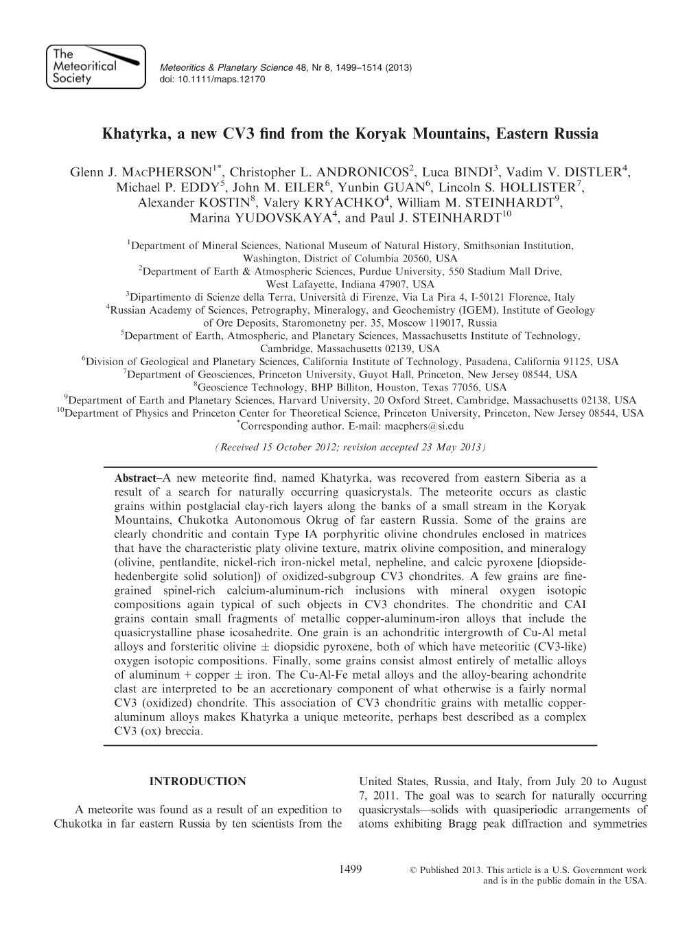 Khatyrka, a New CV3 Find from the Koryak Mountains, Eastern Russia