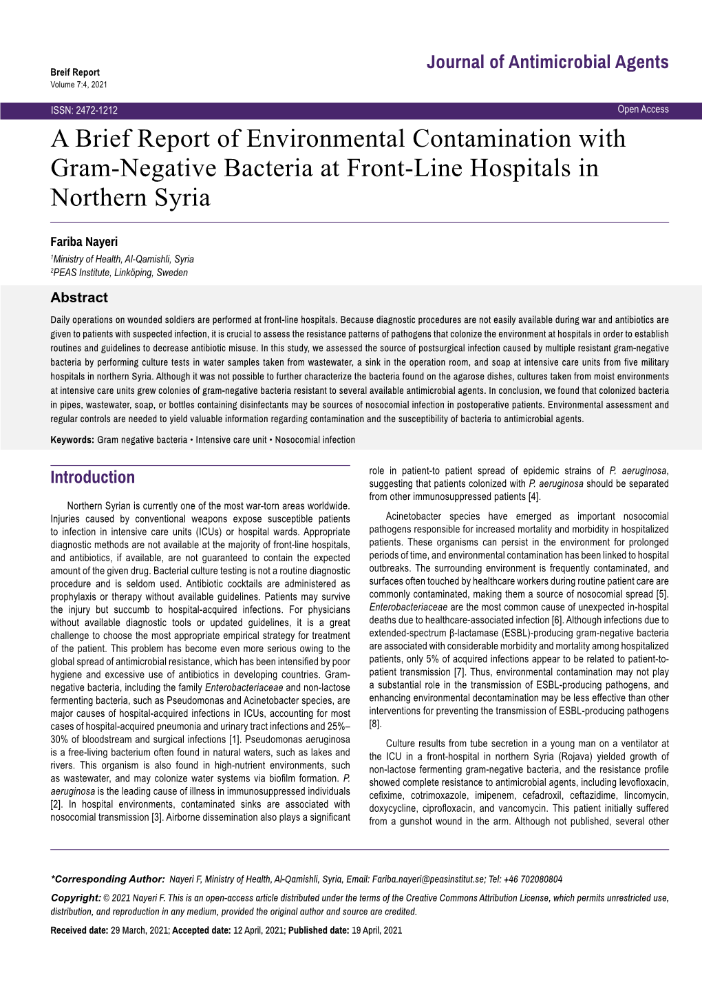 A Brief Report of Environmental Contamination with Gram-Negative Bacteria at Front-Line Hospitals in Northern Syria