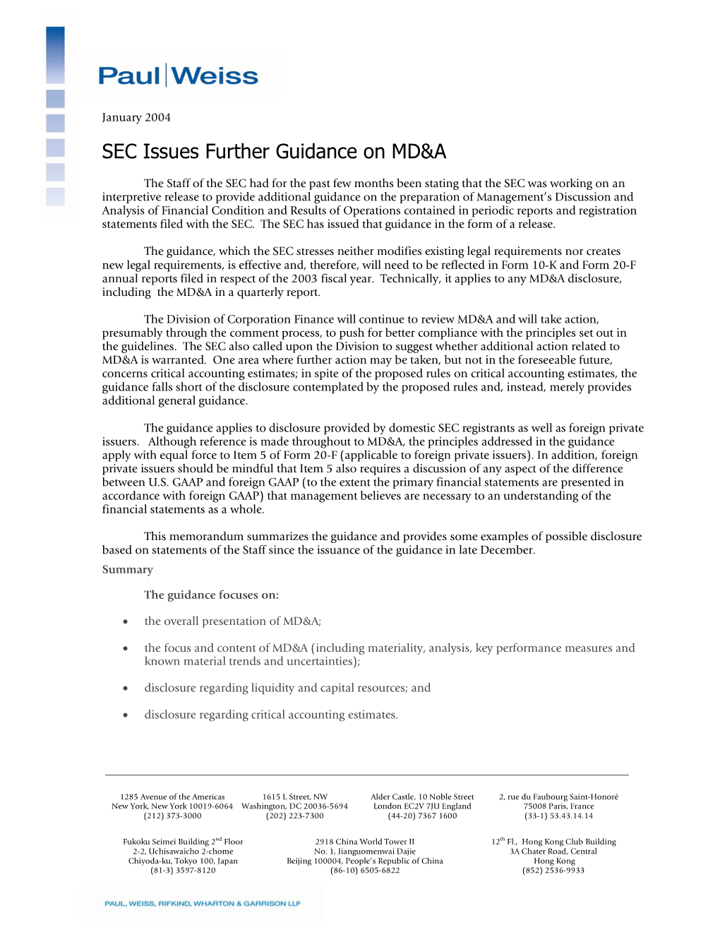 SEC Issues Further Guidance on MD&A