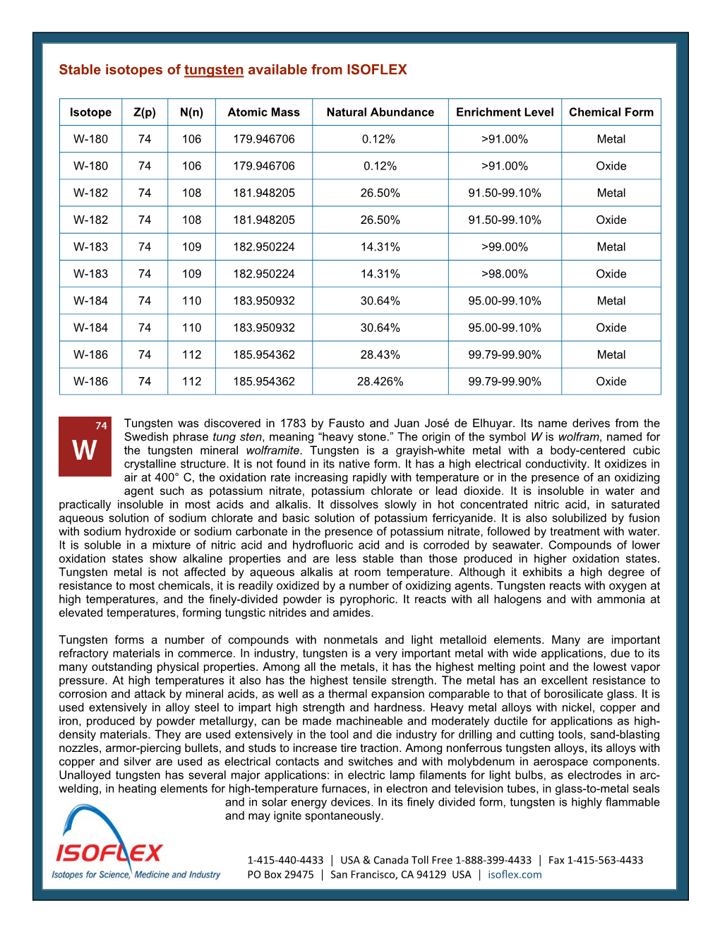 Stable Isotopes of Tungsten Available from ISOFLEX