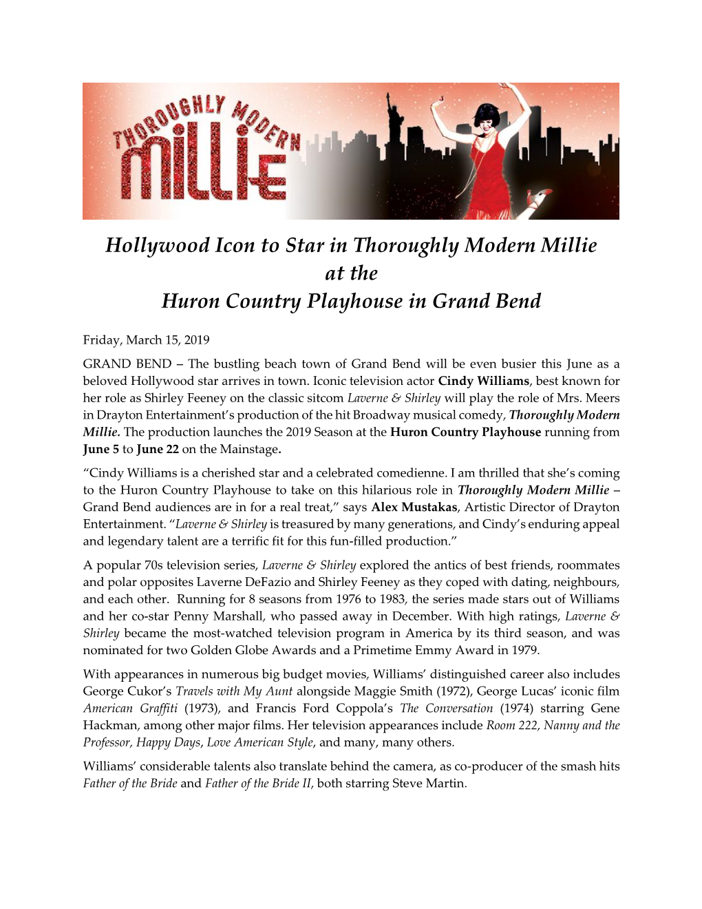 Hollywood Icon to Star in Thoroughly Modern Millie at the Huron Country Playhouse in Grand Bend