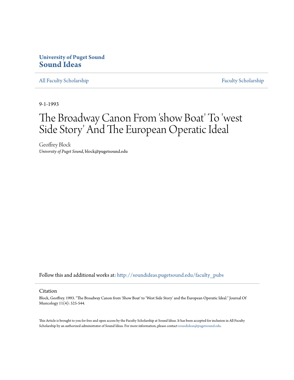 'Show Boat' to 'West Side Story' and the Ure Opean Operatic Ideal Geoffrey Block University of Puget Sound, Block@Pugetsound.Edu