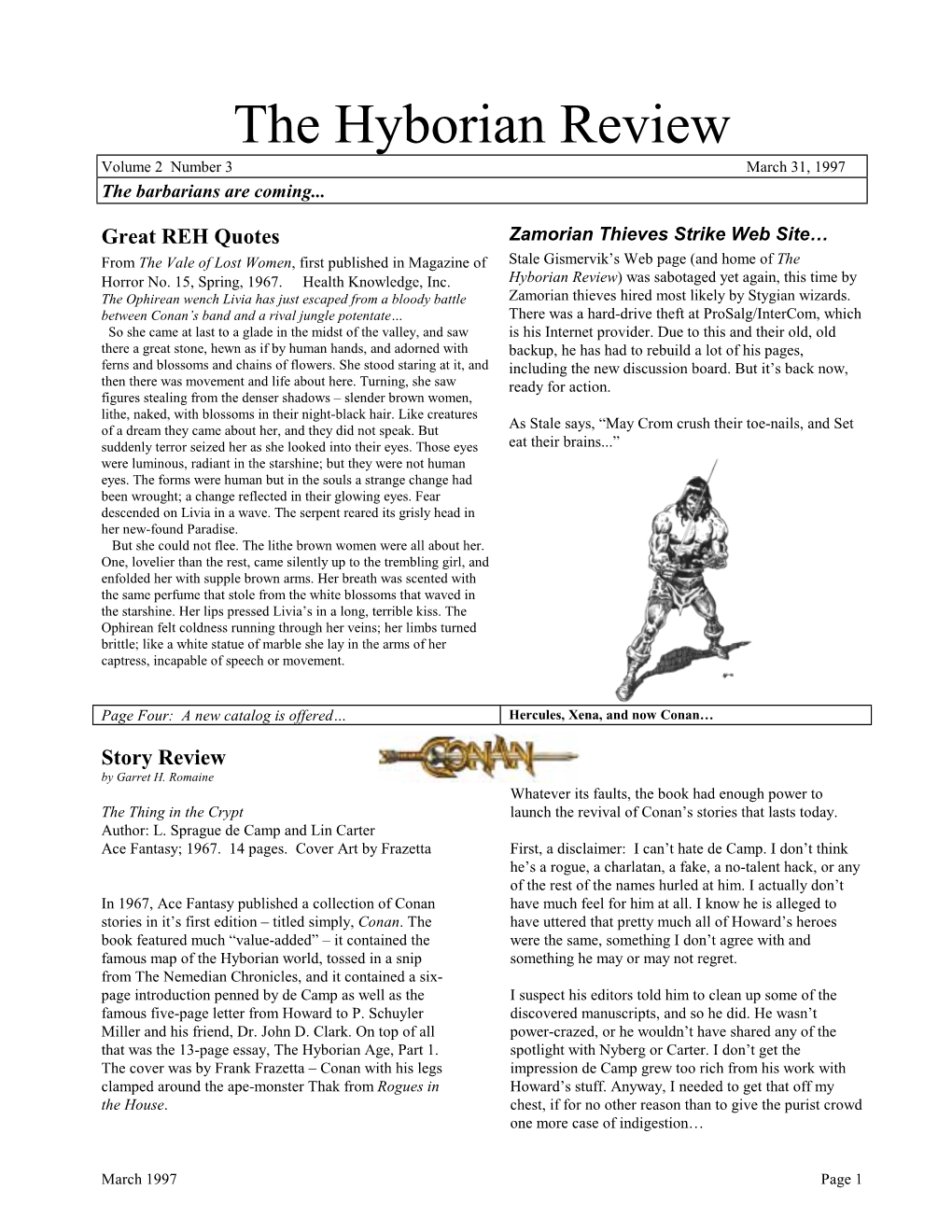 The Hyborian Review Volume 2 Number 3 March 31, 1997 the Barbarians Are Coming