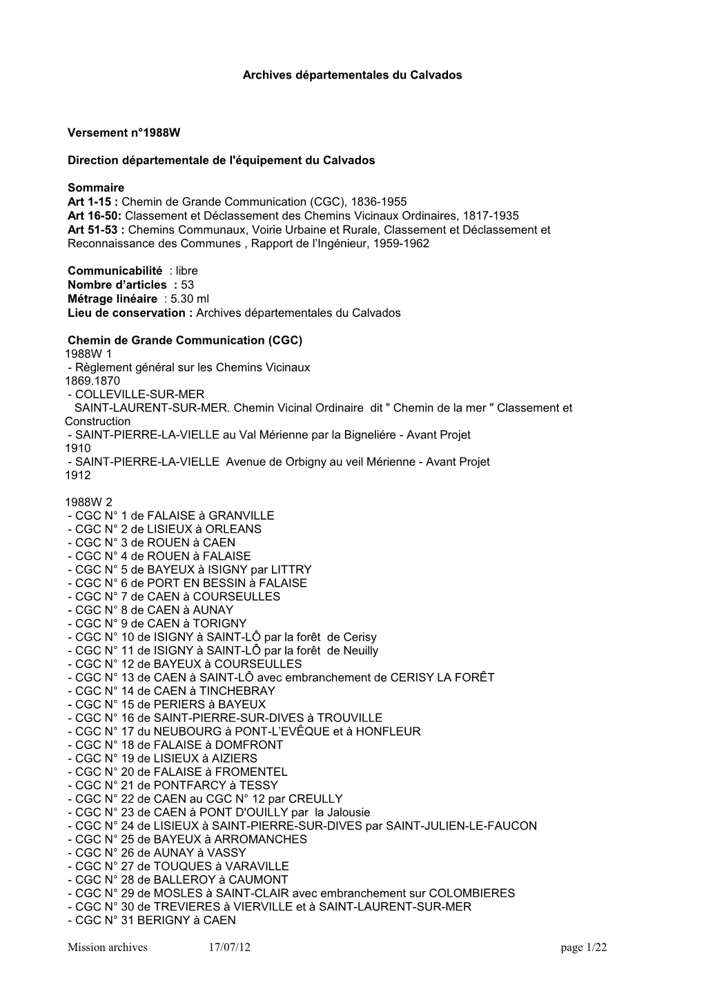 DDE Calvados : Chemins De Grande Communication, Classement Des