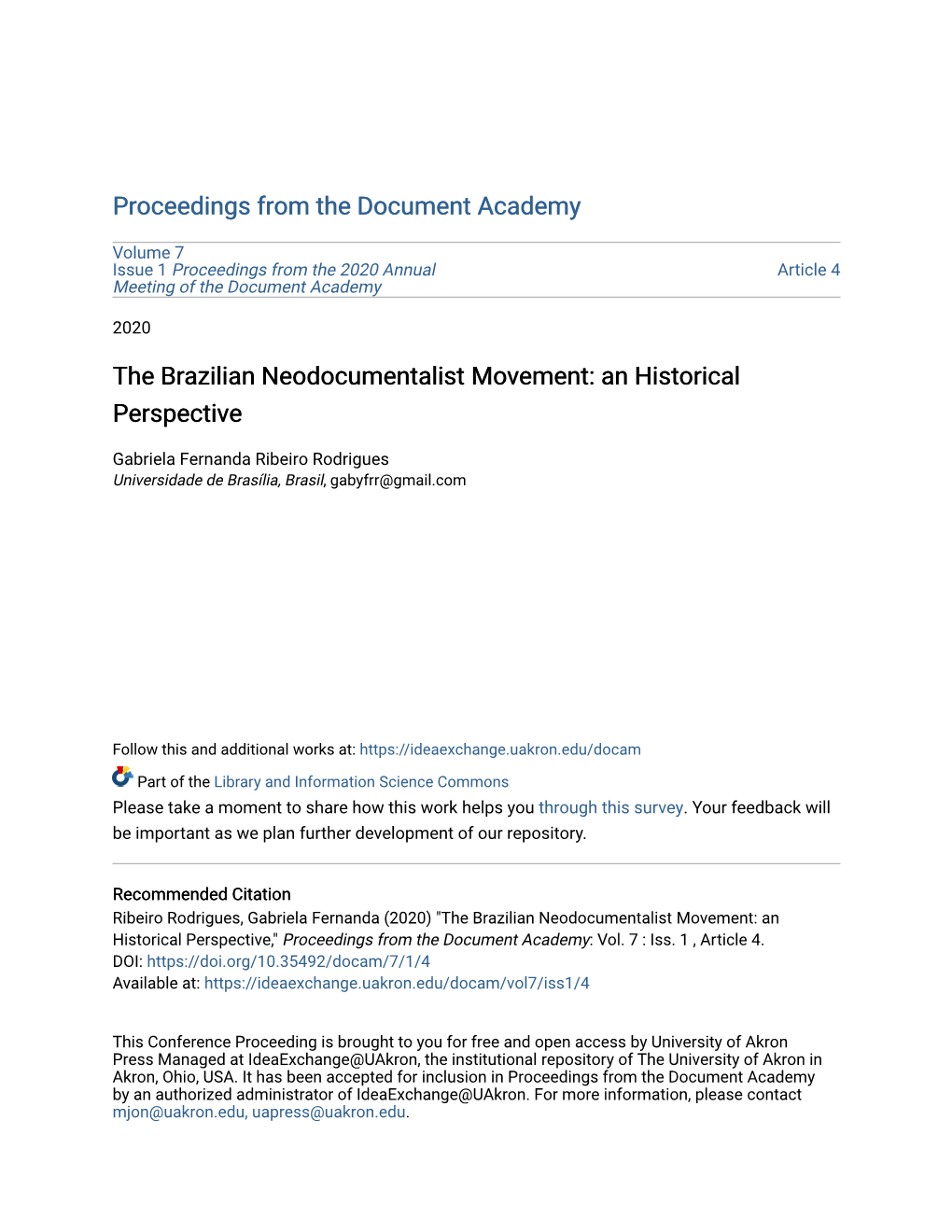 The Brazilian Neodocumentalist Movement: an Historical Perspective