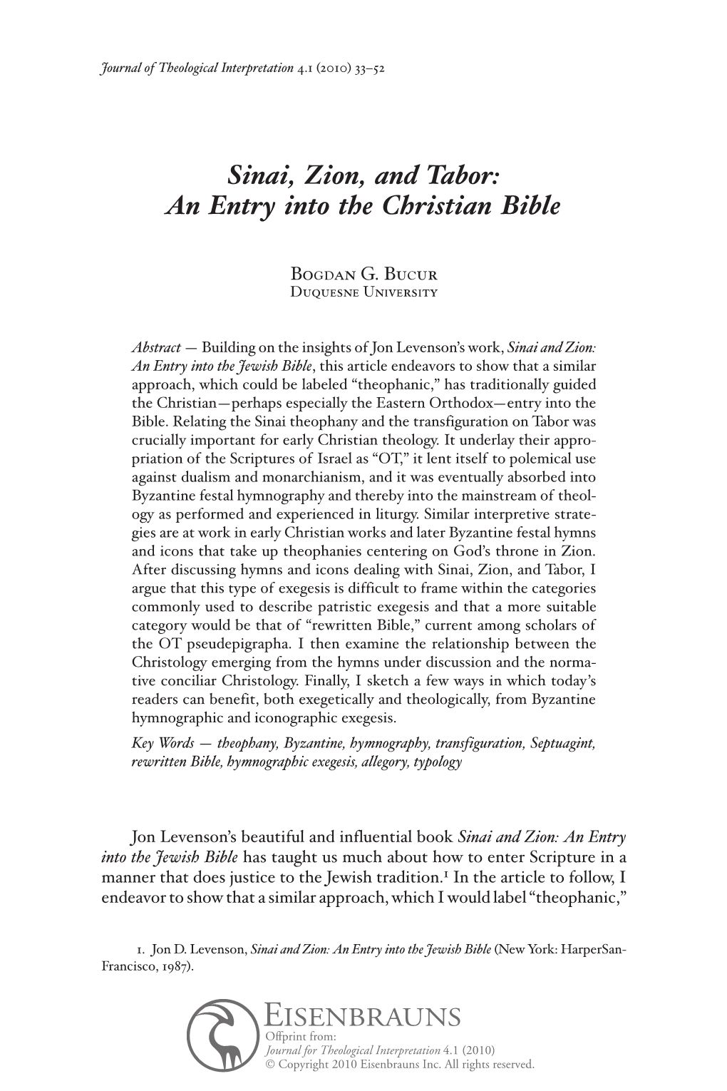 Sinai, Zion, and Tabor: an Entry Into the Christian Bible