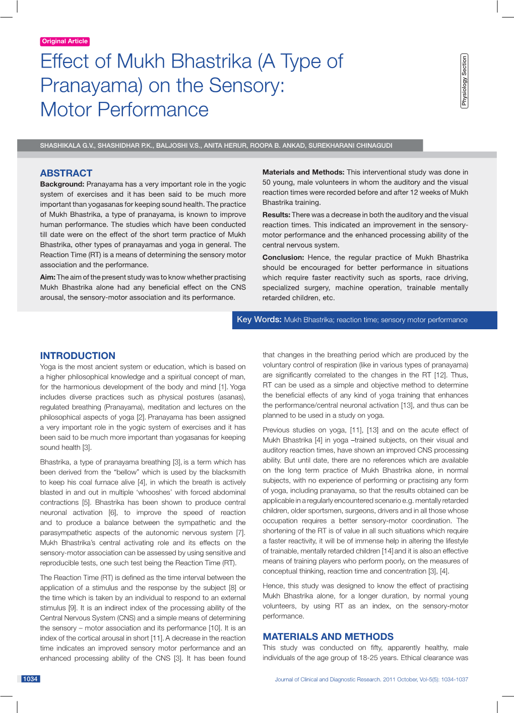 Effect of Mukh Bhastrika (A Type of Pranayama) on the Sensory: Motor Performance Physiology Section