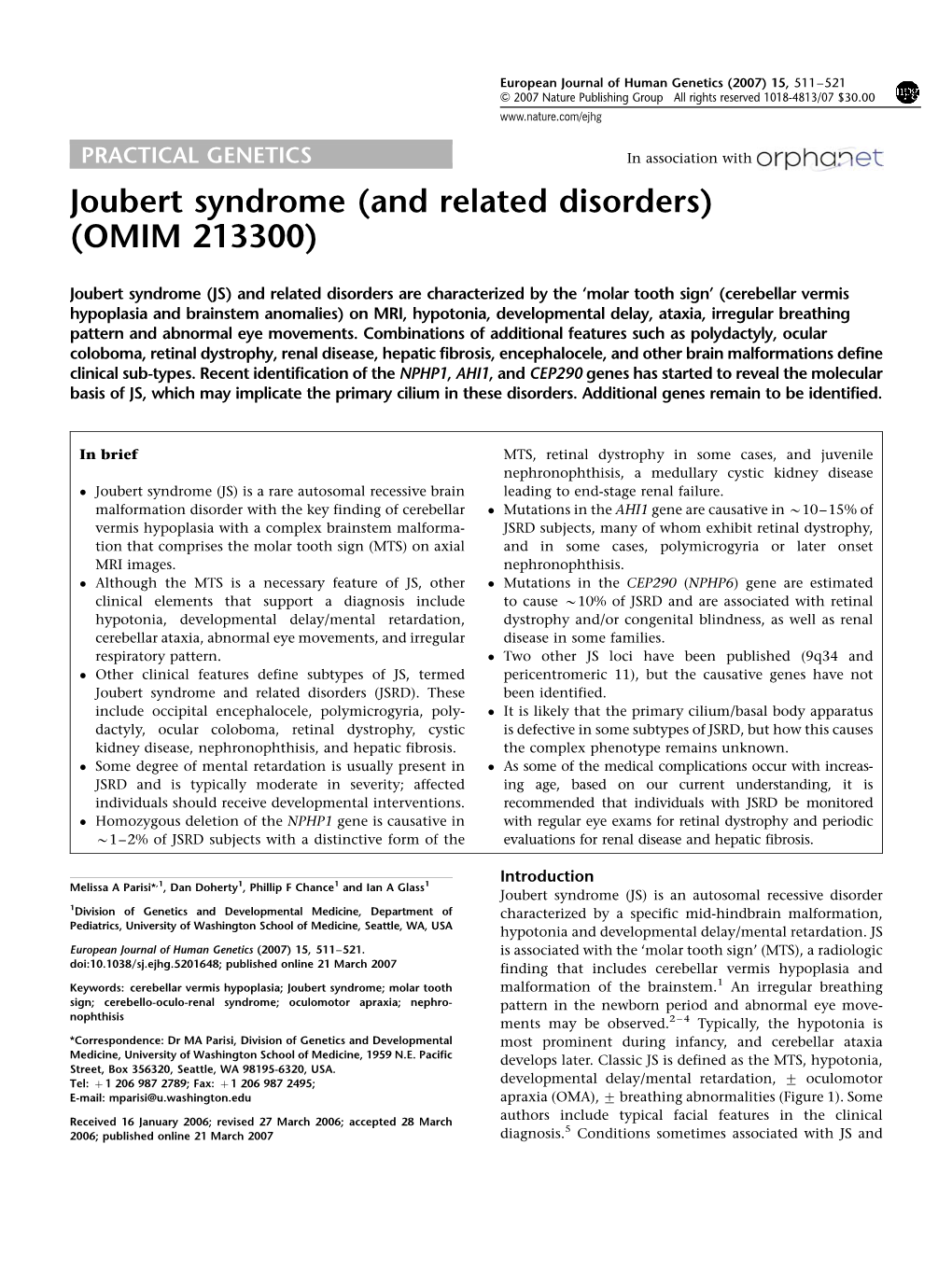 Joubert Syndrome (And Related Disorders) (OMIM 213300)