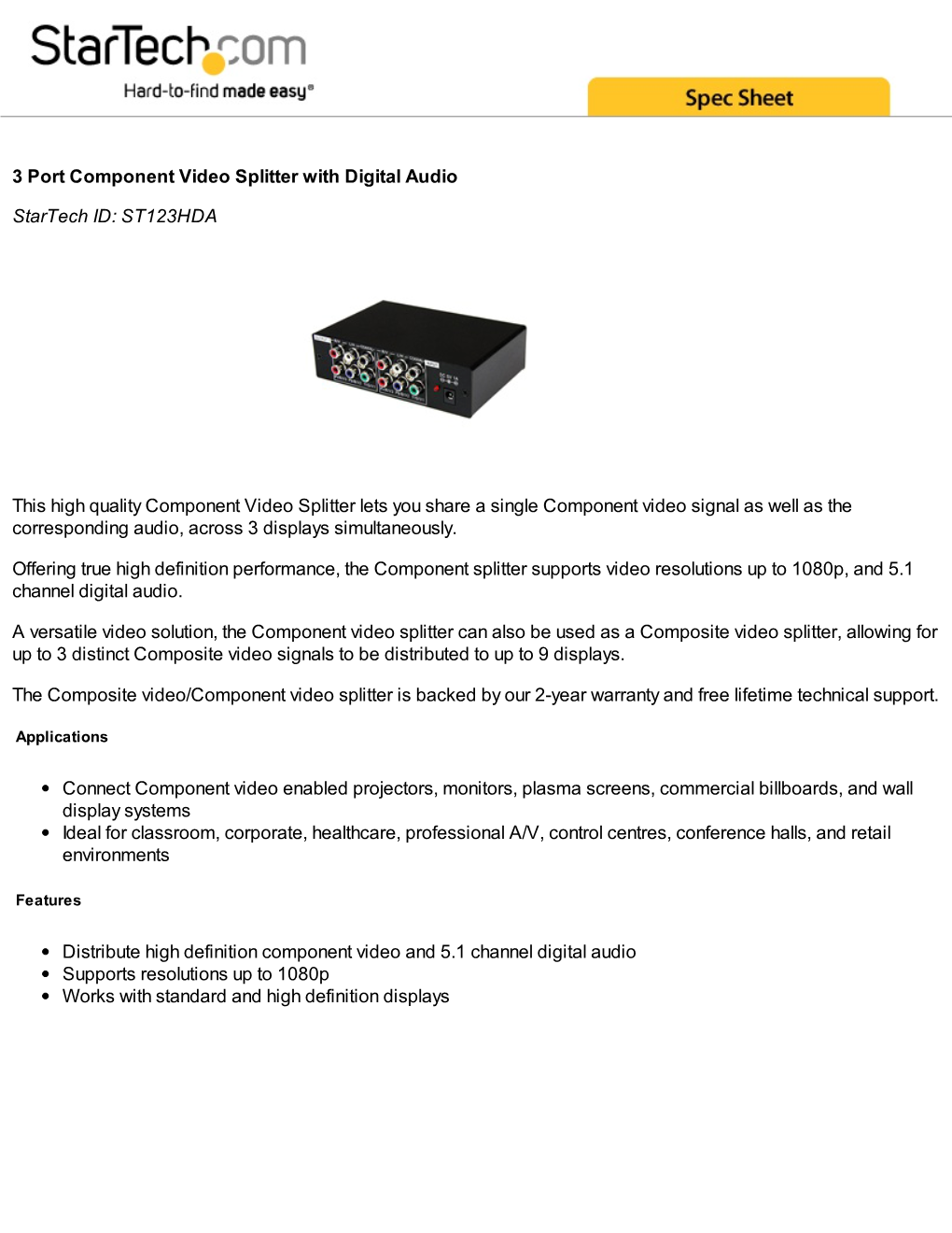 3 Port Component Video Splitter with Digital Audio
