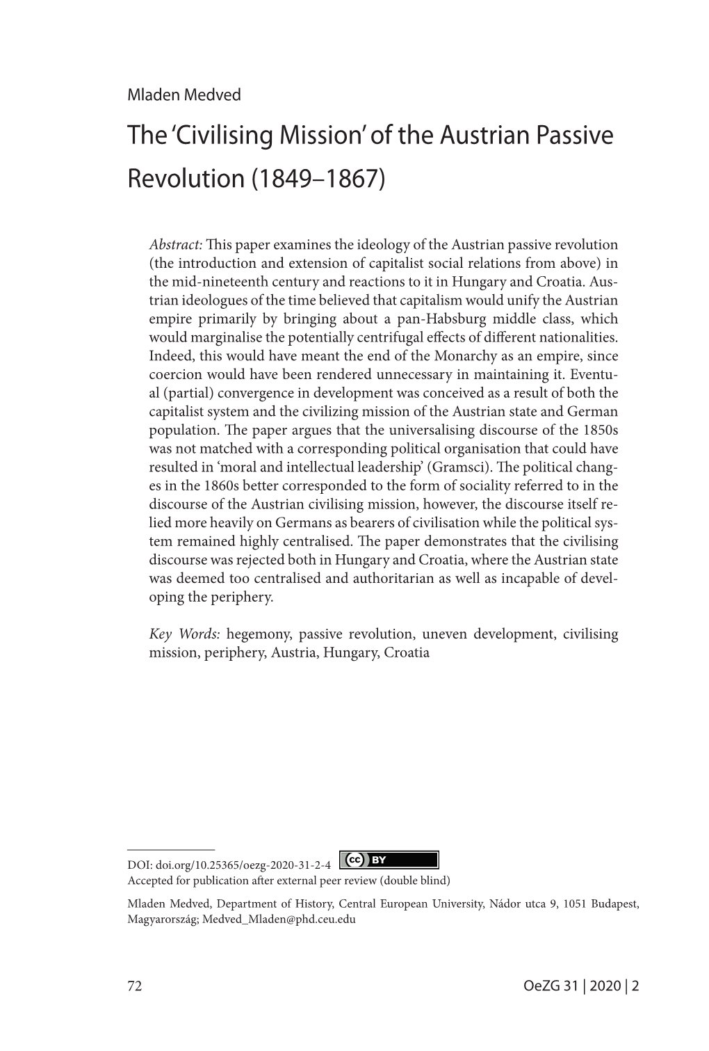 The 'Civilising Mission' of the Austrian Passive Revolution (1849–1867)
