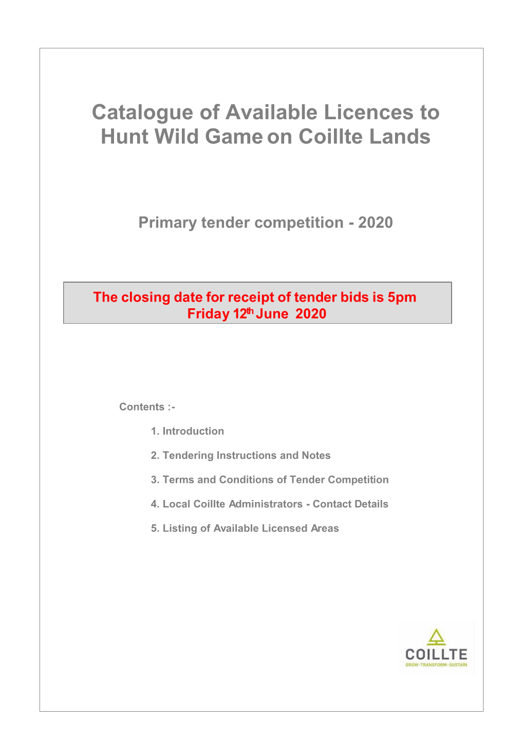 Catalogue of Available Licences to Hunt Wild Game on Coillte Lands