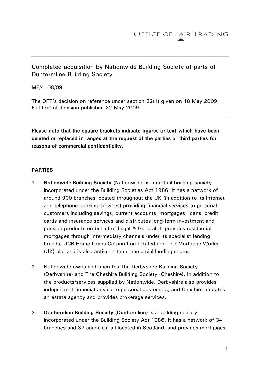 Completed Acquisition by Nationwide Building Society of Parts of Dunfermline Building Society