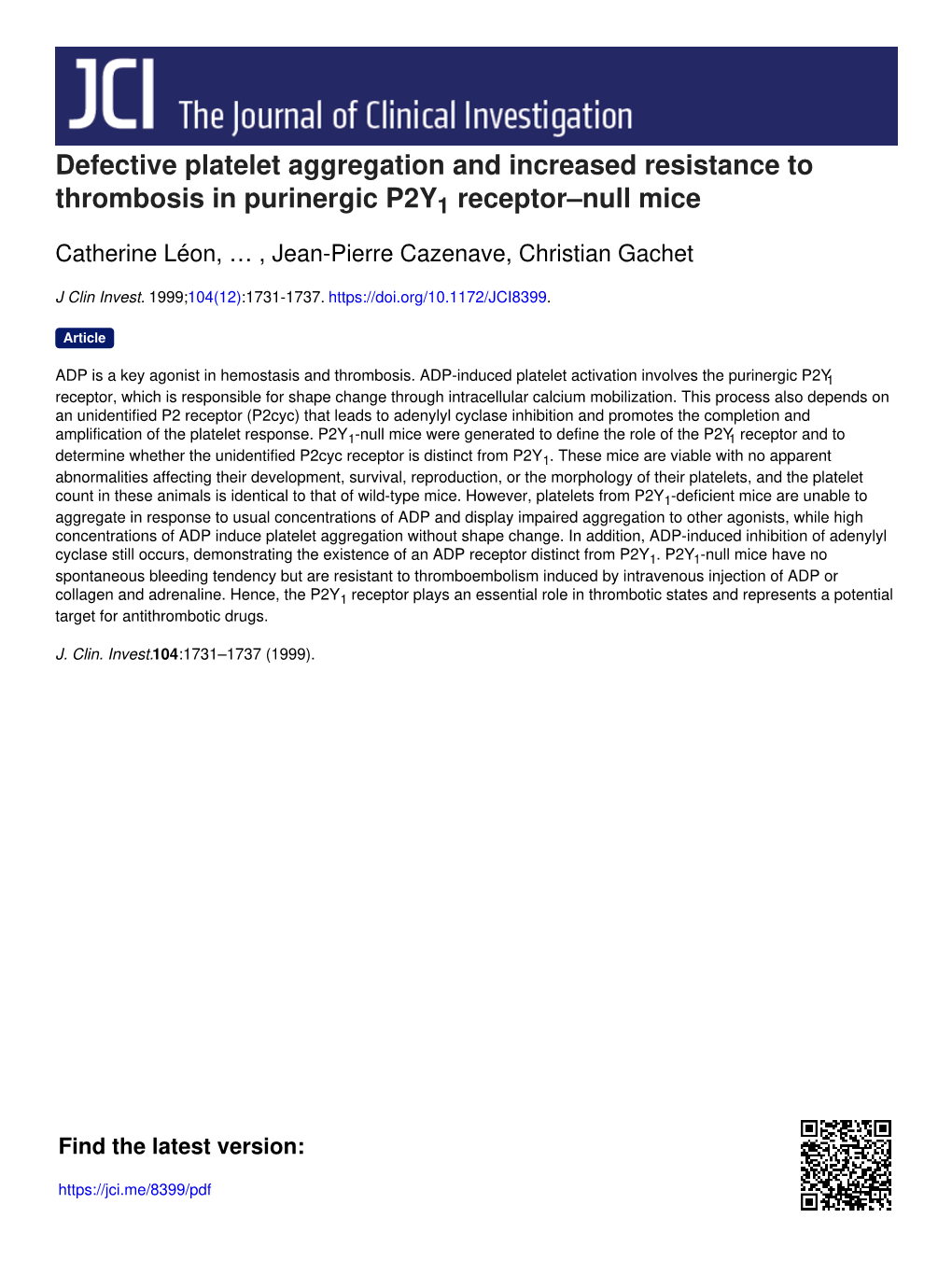 Defective Platelet Aggregation and Increased Resistance to Thrombosis in Purinergic P2Y1 Receptor–Null Mice