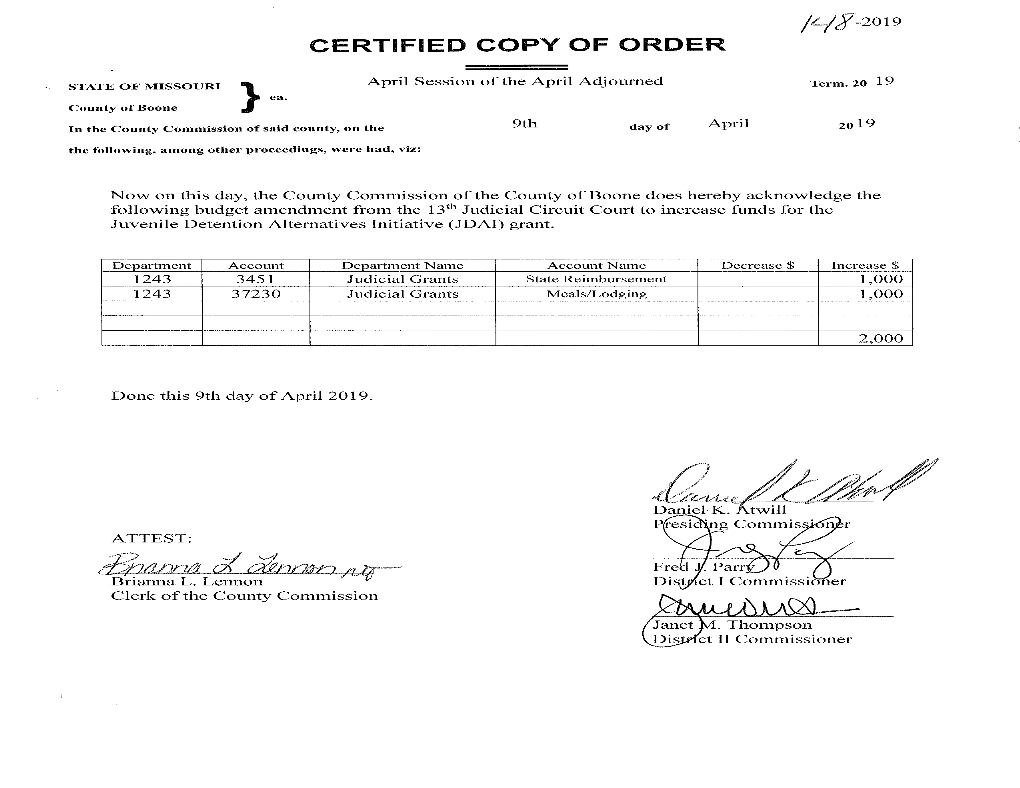 Boone County Commission Orders April 9, 2019 CO 148-156