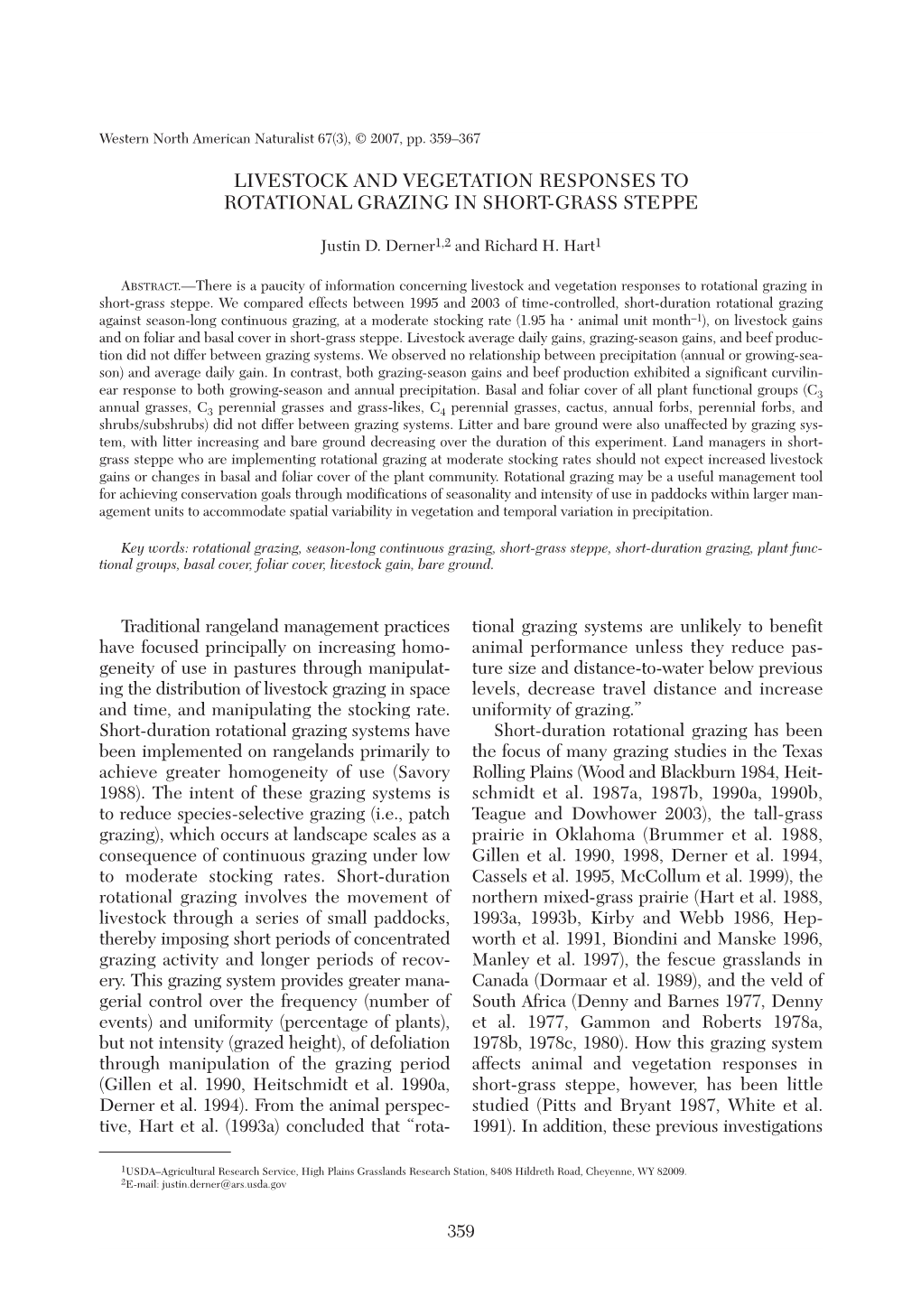 Livestock and Vegetation Responses to Rotational Grazing in Short-Grass Steppe